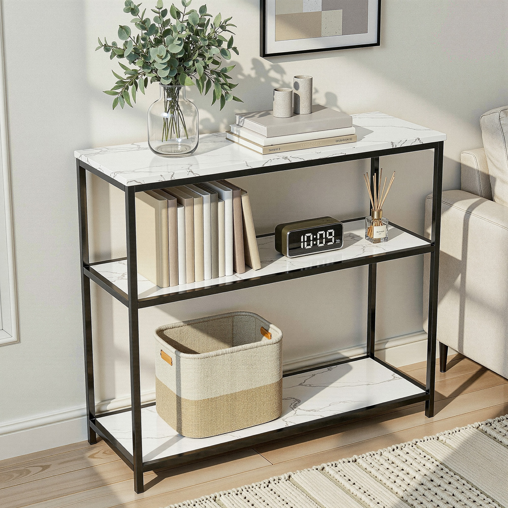 Artiss Console Table Marble Effect 3-Tier Sofa Entryway Side Table 90CM White - Image 1