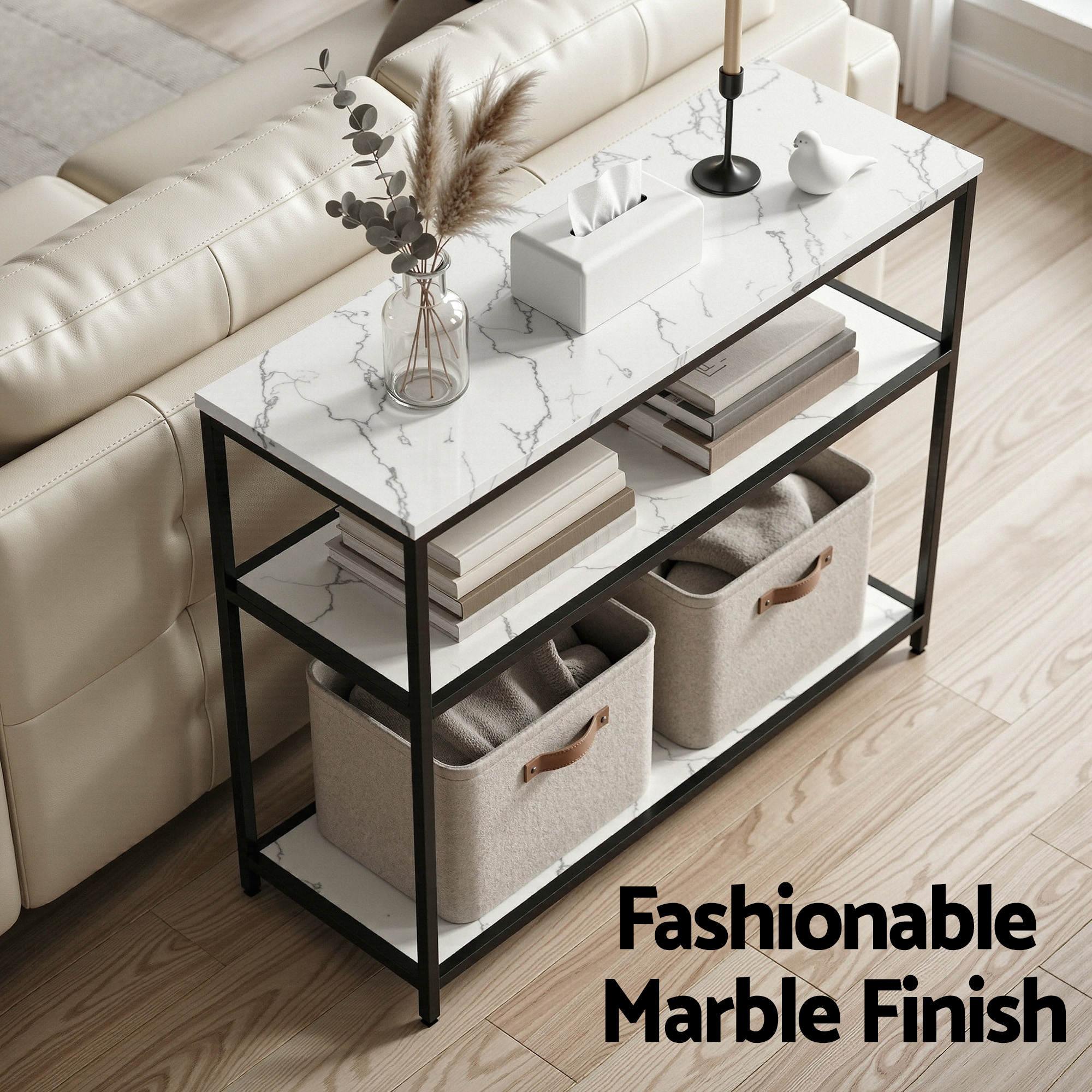 Artiss Console Table Marble Effect 3-Tier Sofa Entryway Side Table 90CM White - Image 5