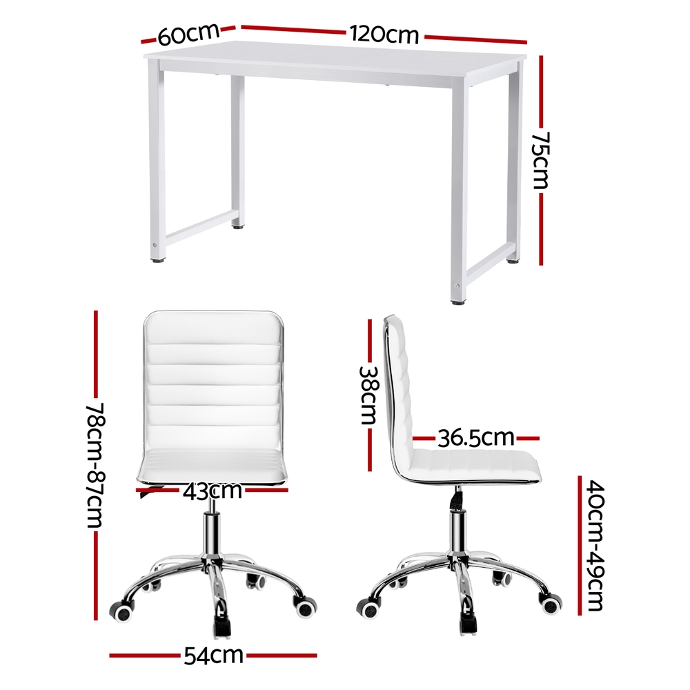 Artiss Computer Desk 120cm Executive Office Chairs Set PU Leather Low Back White - Image 2