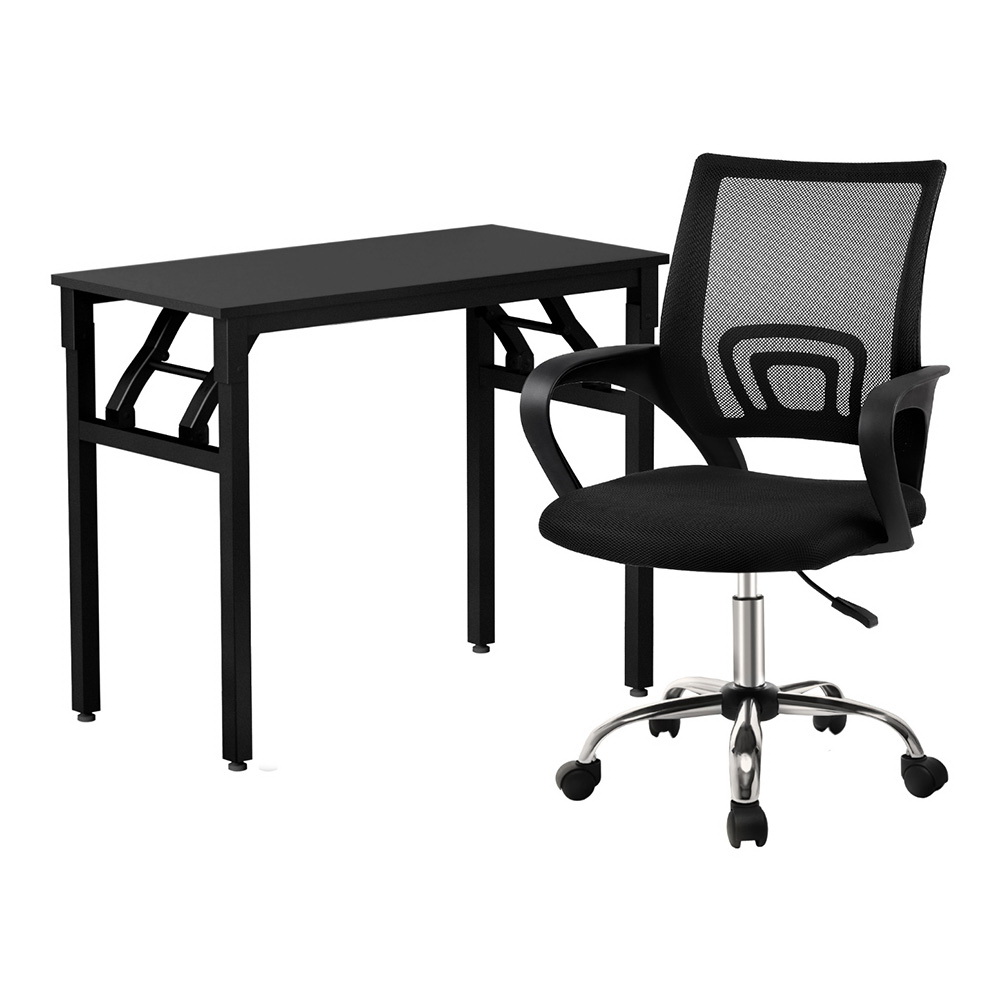 Artiss Computer Desk Mesh Office Chair Set Foldable Home Study Table Black - Image 1