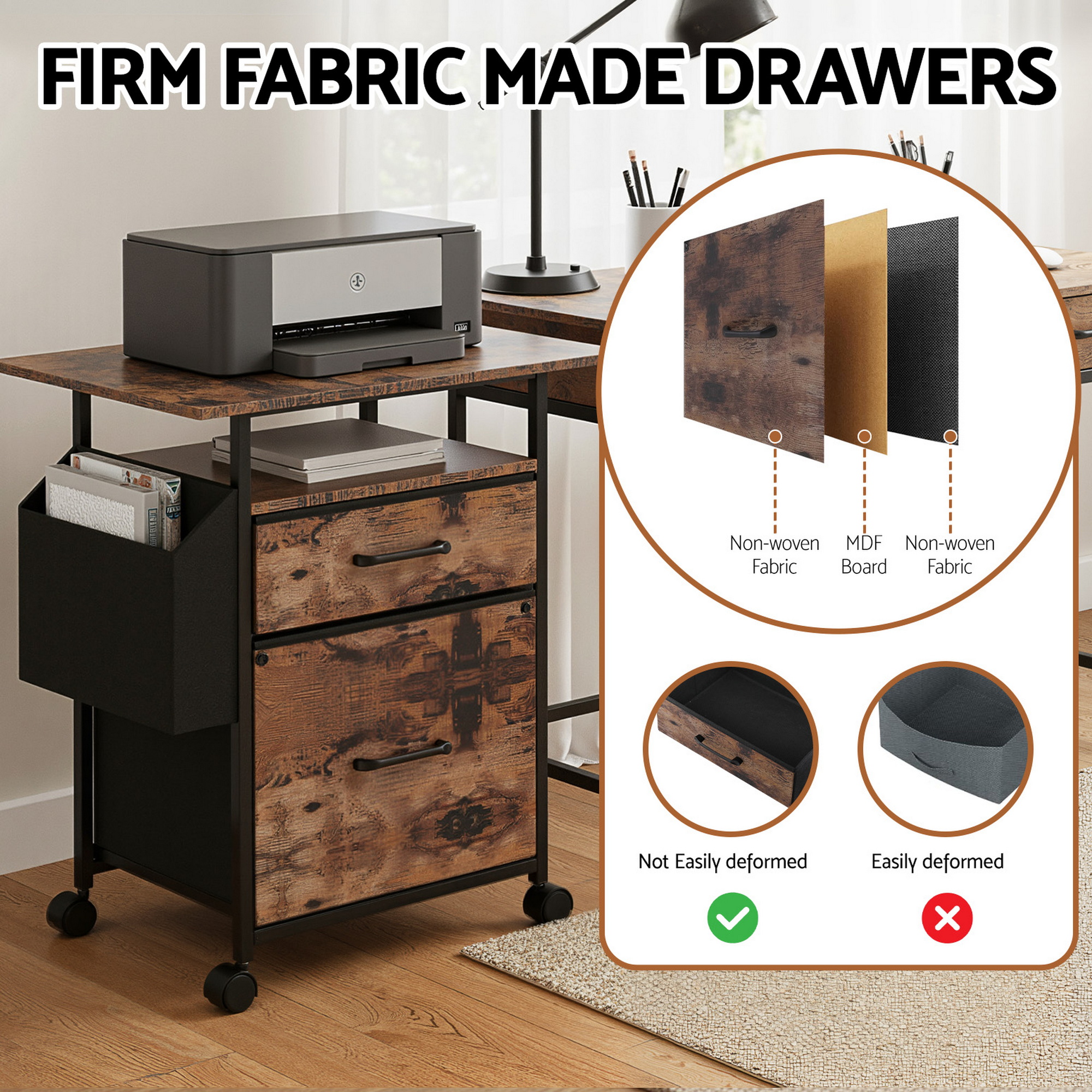 Artiss 2 Fabric Drawer File Cabinet Printer Stand Rolling File Cabinet with Side Bag - Image 6