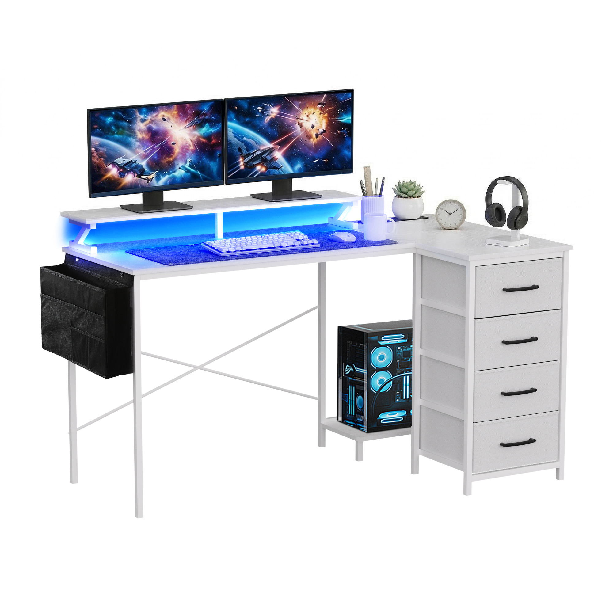 Artiss 140cm L Shaped Gaming Desk Computer Desk with LED Lights & Power Outlets - Image 1