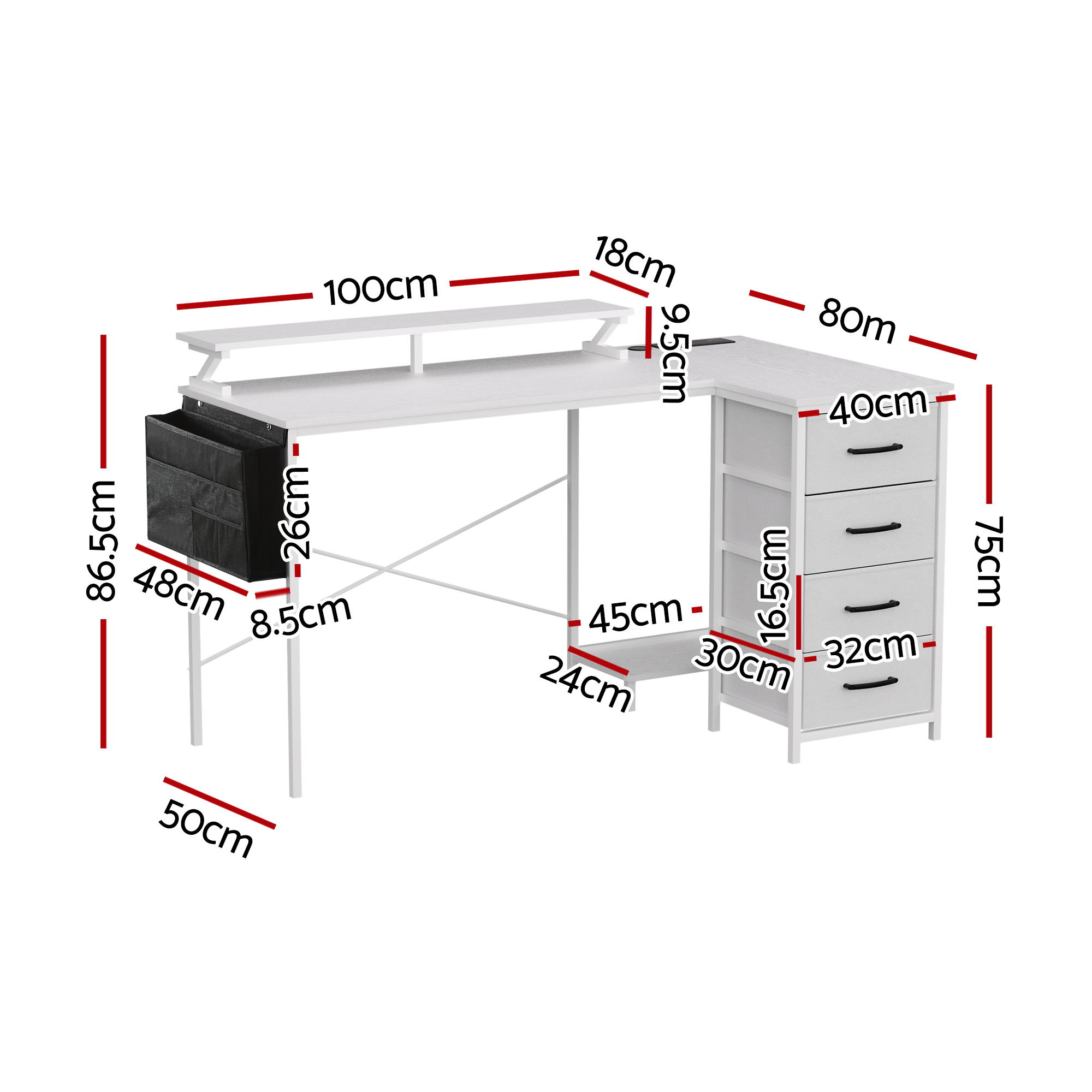 Artiss 140cm L Shaped Gaming Desk Computer Desk with LED Lights & Power Outlets - Image 3