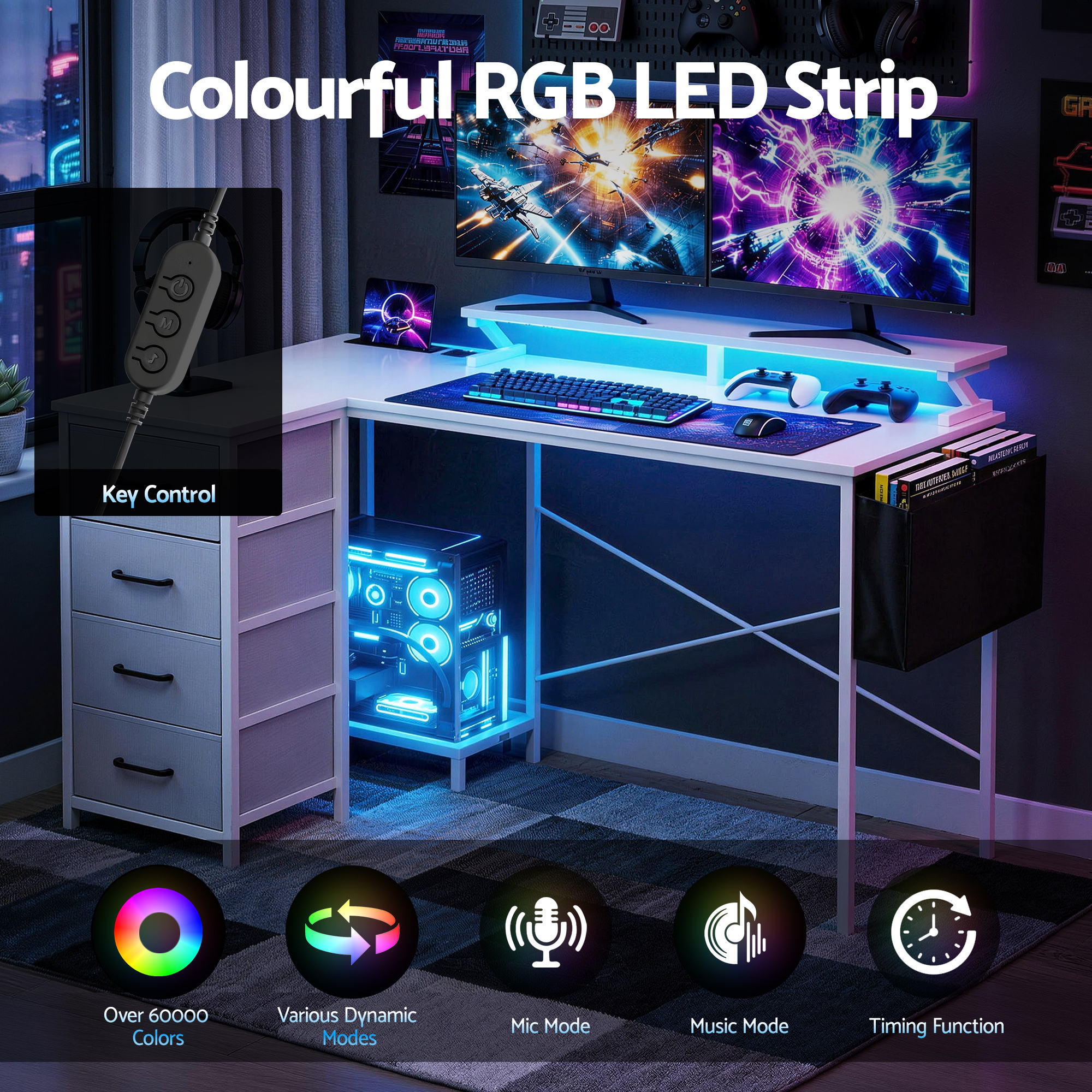 Artiss 140cm L Shaped Gaming Desk Computer Desk with LED Lights & Power Outlets - Image 6