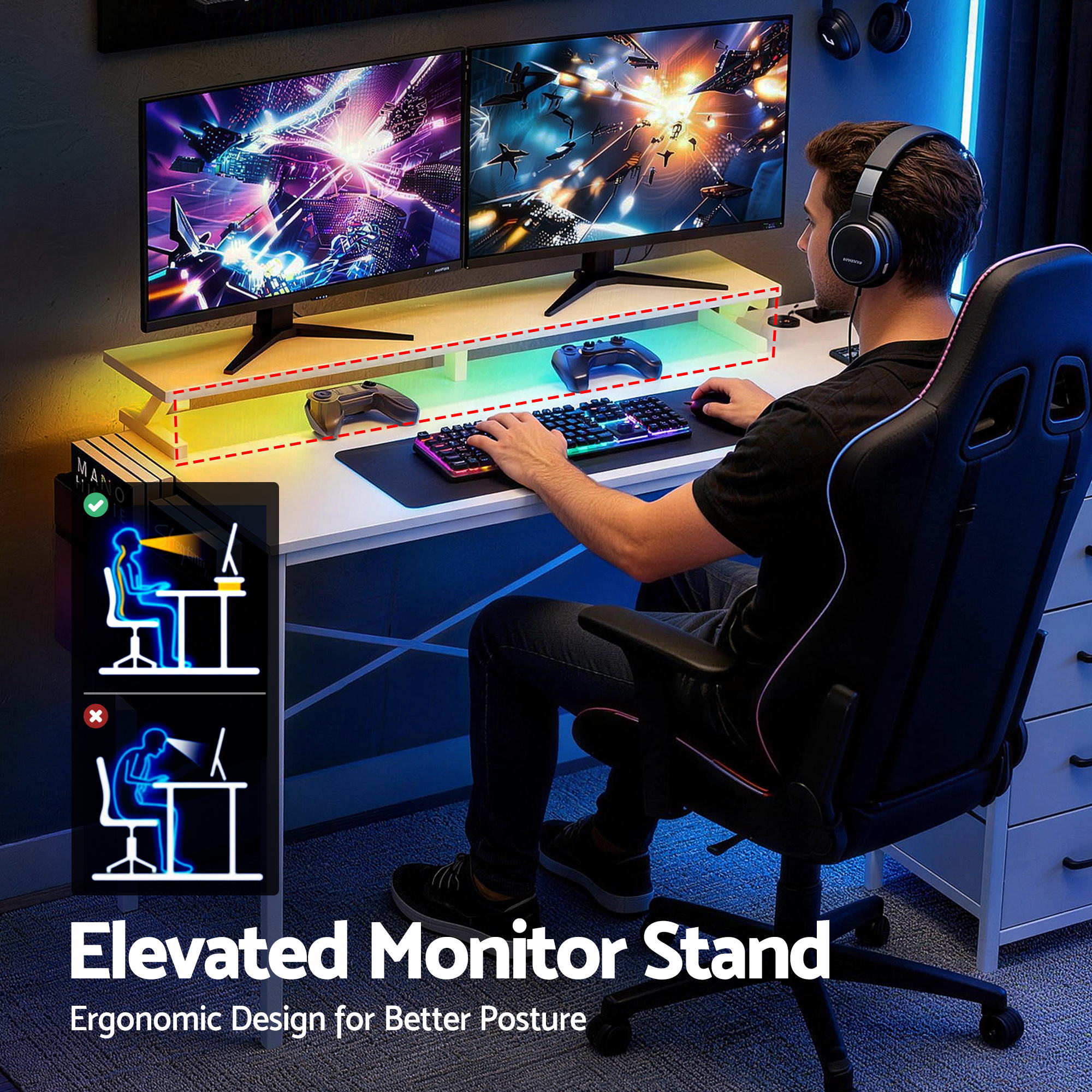 Artiss 140cm L Shaped Gaming Desk Computer Desk with LED Lights & Power Outlets - Image 8
