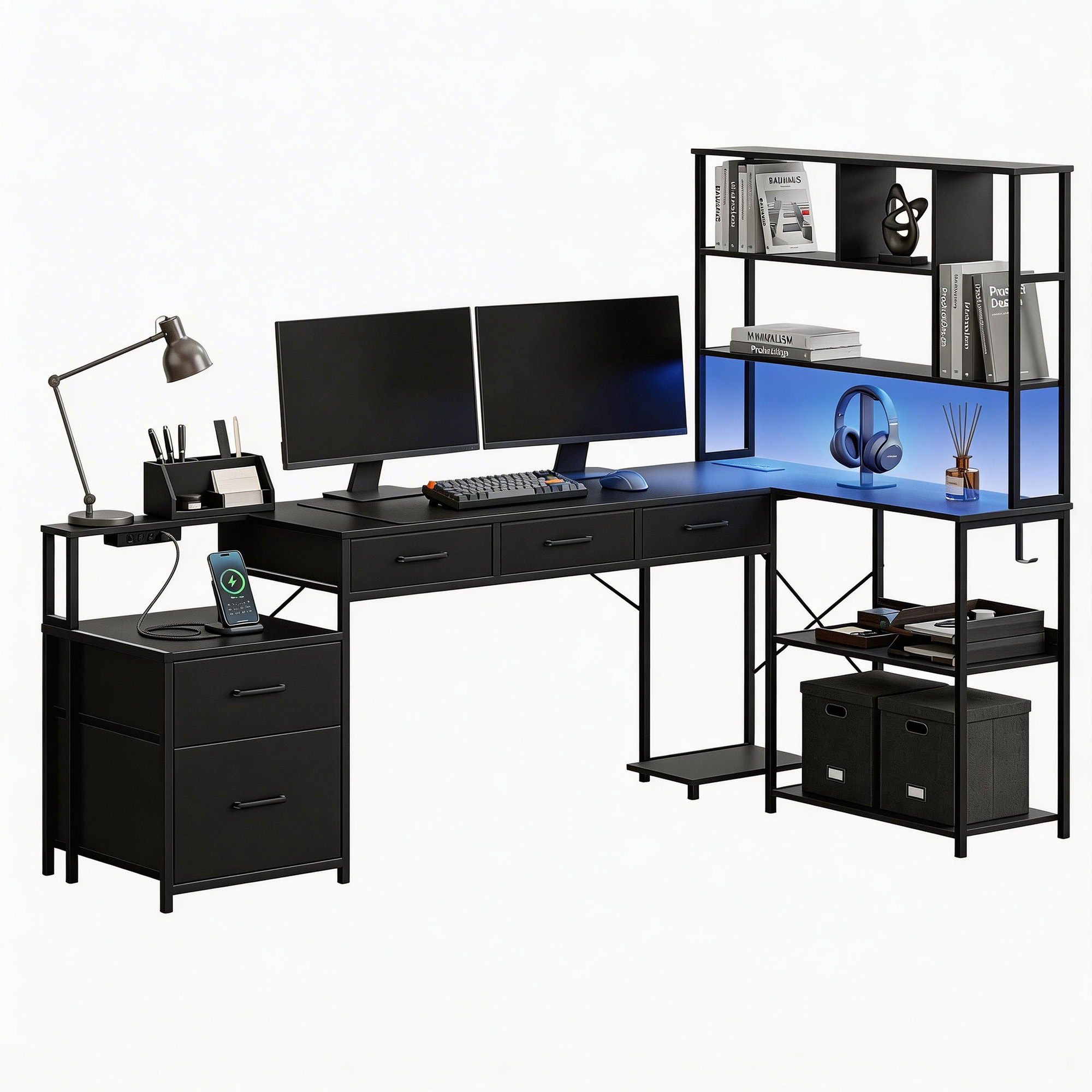 Artiss 200cm L Shaped Gaming Desk Computer Desk with LED Lights & Power Outlets - Image 1