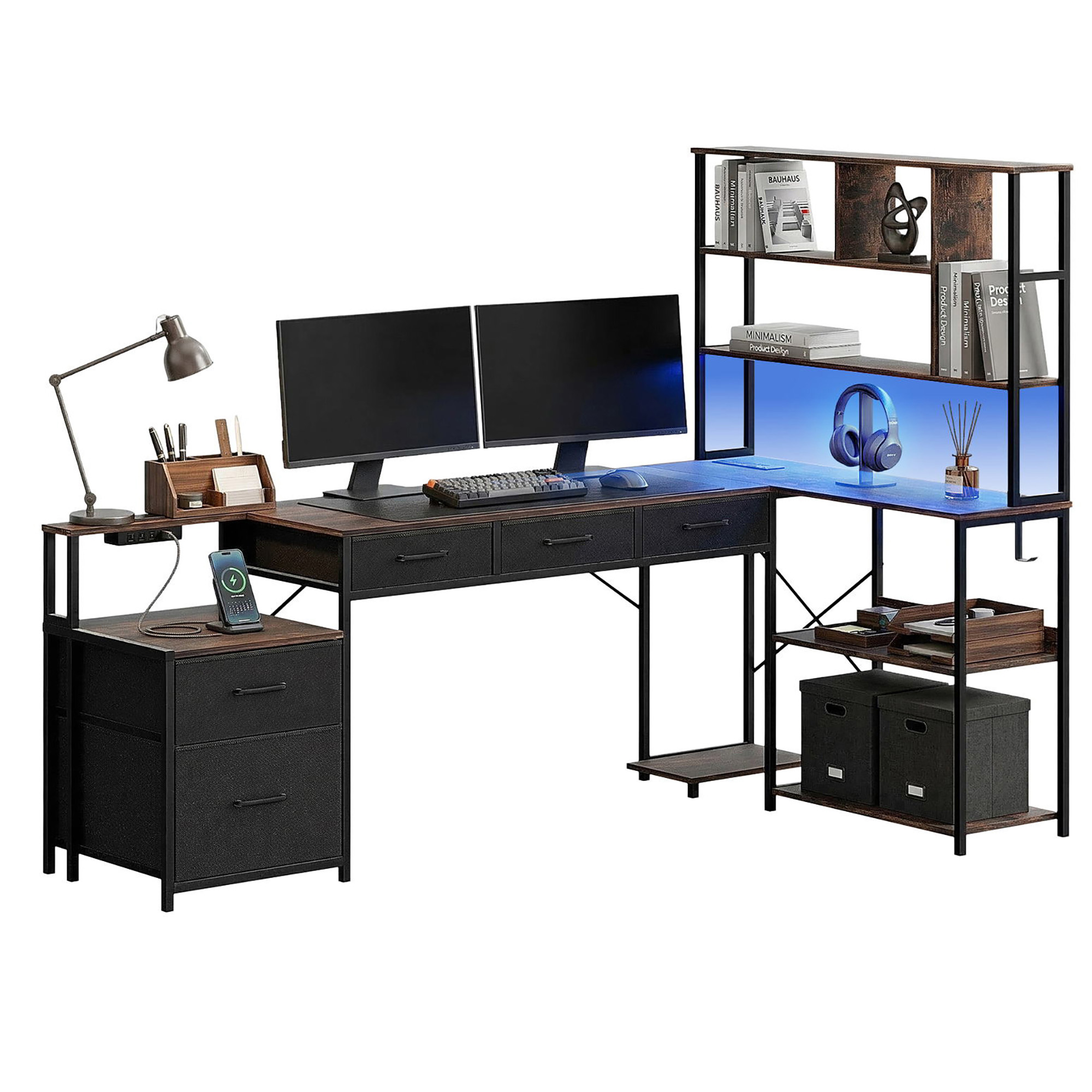 Artiss 200cm L Shaped Gaming Desk Computer Desk with LED Lights & Power Outlets - Image 1