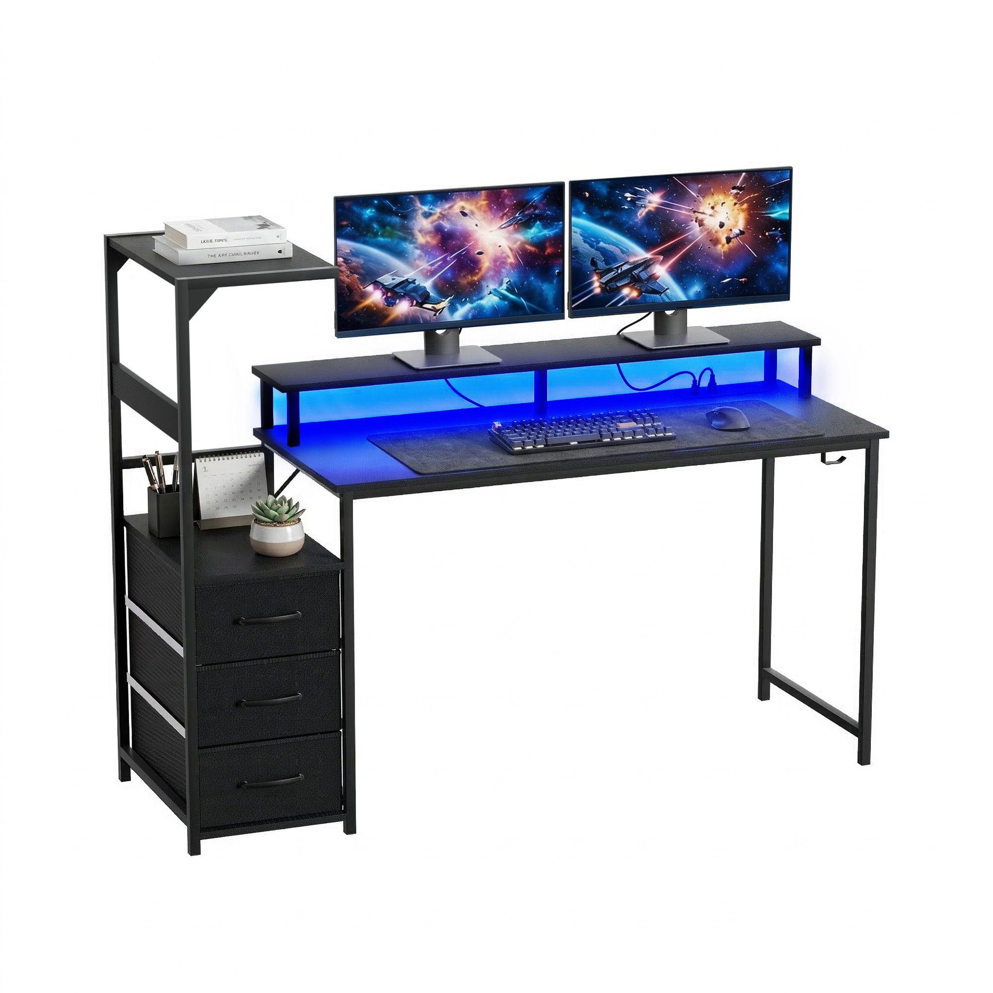 Artiss 145cm L Shaped Gaming Desk Computer Desk with LED Lights & Power Outlets - Image 1