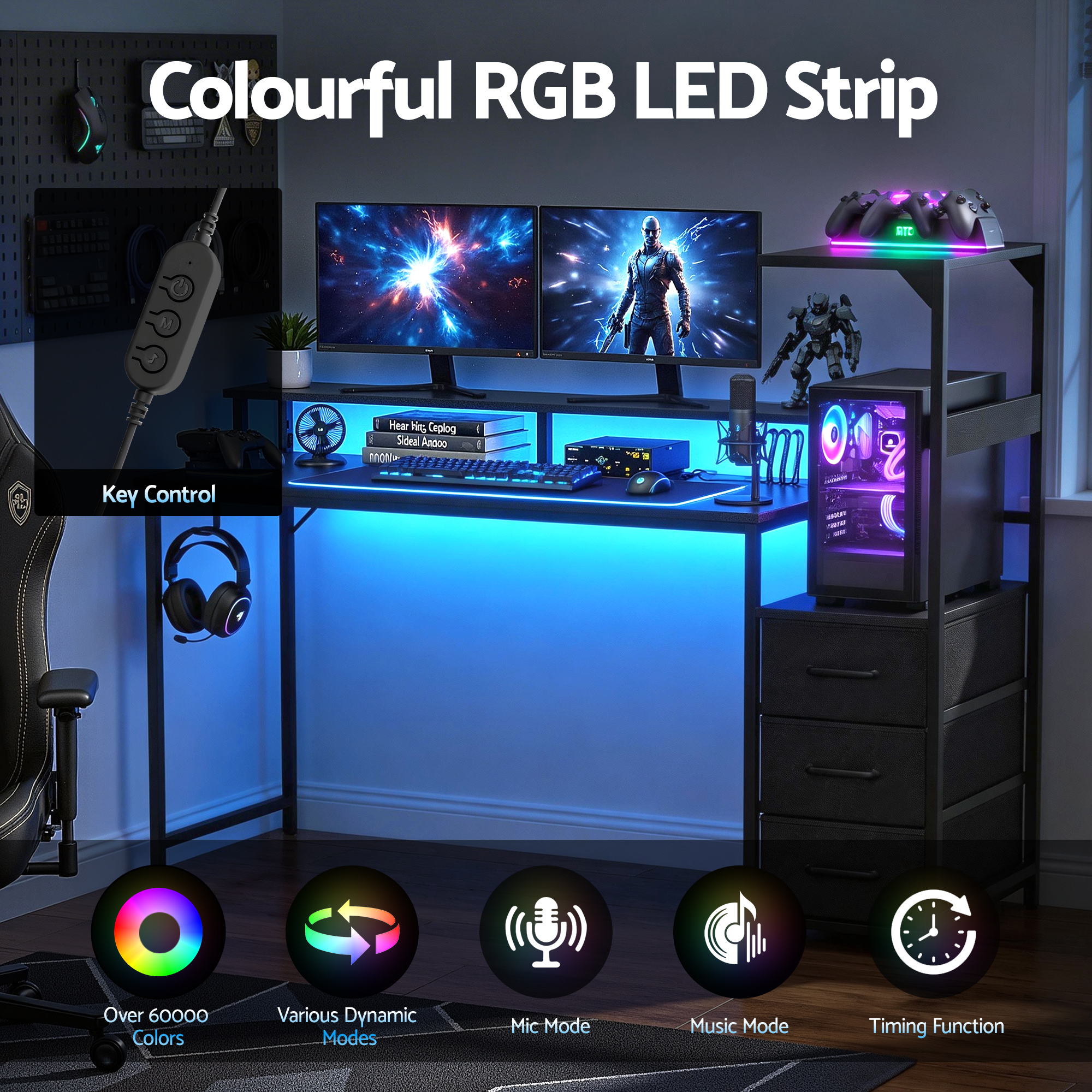 Artiss 145cm L Shaped Gaming Desk Computer Desk with LED Lights & Power Outlets - Image 6