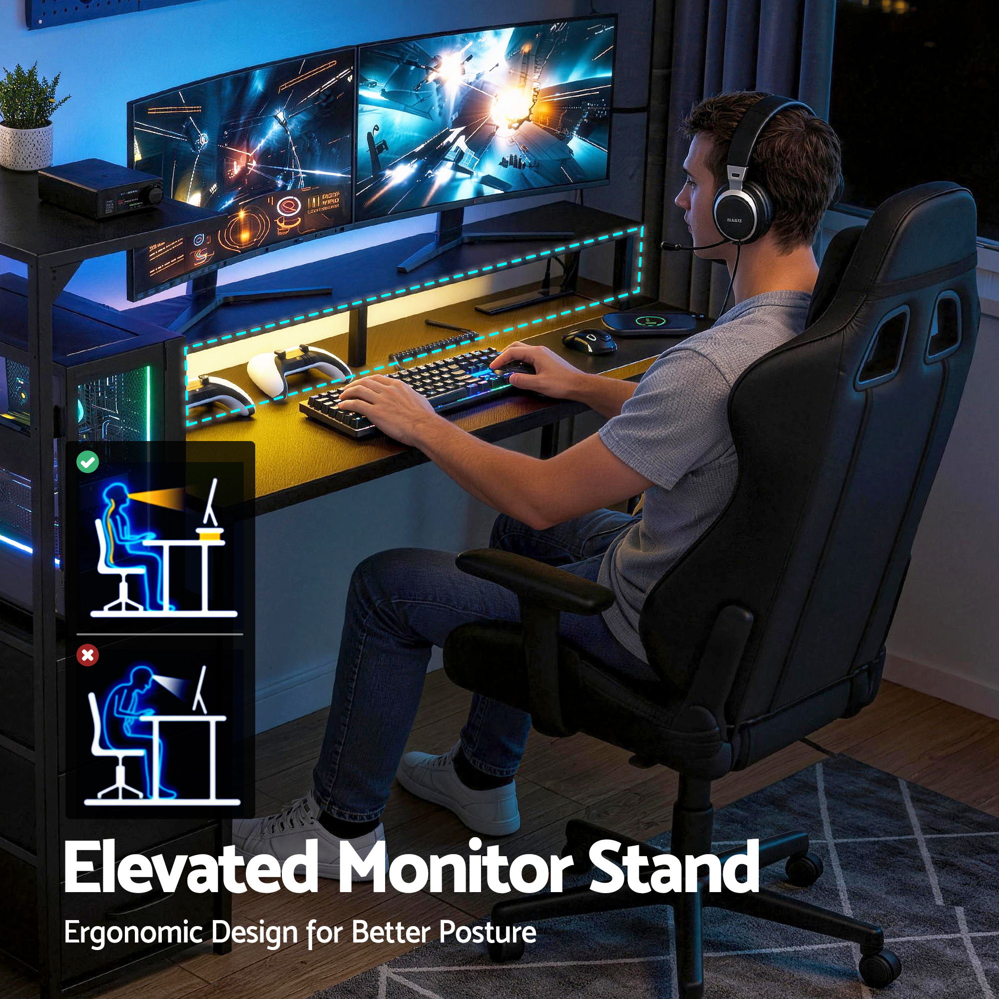 Artiss 145cm L Shaped Gaming Desk Computer Desk with LED Lights & Power Outlets - Image 8