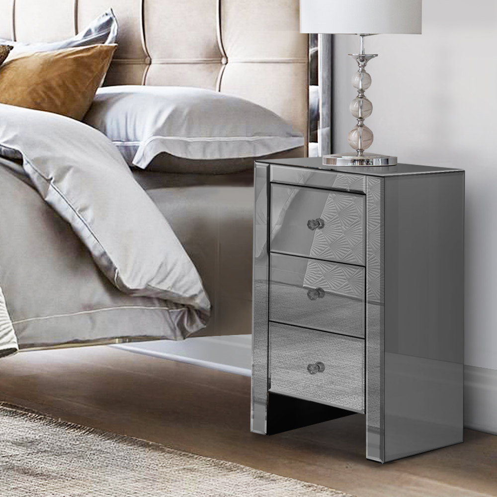 Artiss Bedside Table 3 Drawers Mirrored Glass - QUENN Grey - Image 1