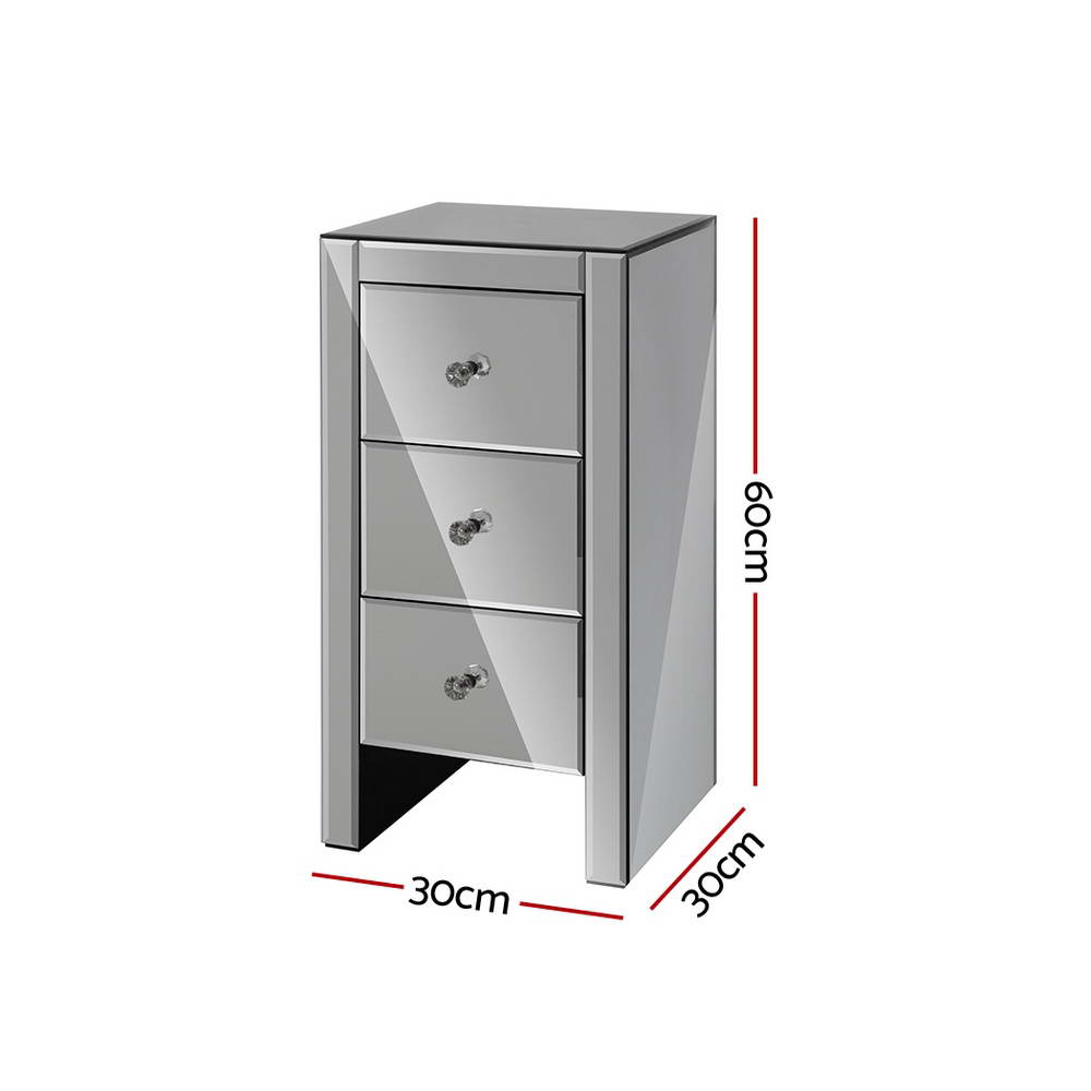 Artiss Bedside Table 3 Drawers Mirrored Glass - QUENN Grey - Image 2