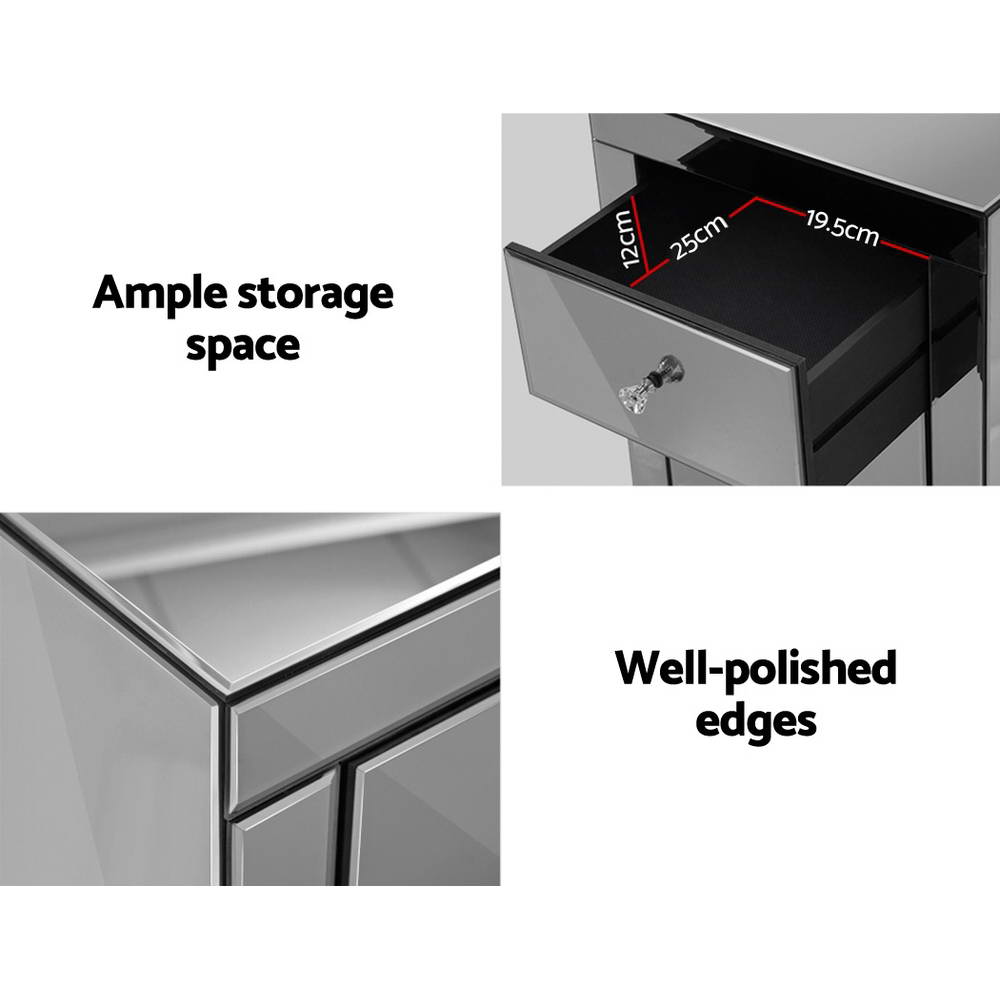 Artiss Bedside Table 3 Drawers Mirrored Glass - QUENN Grey - Image 3