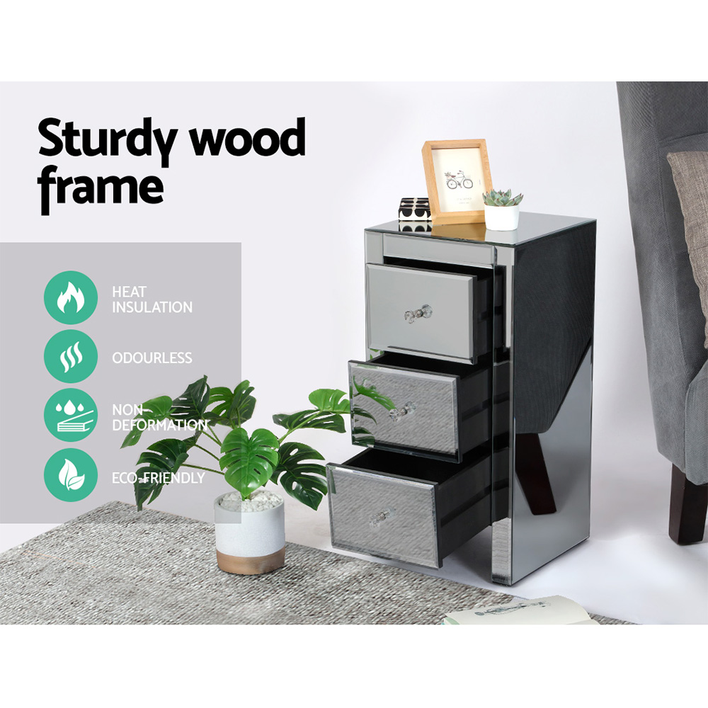 Artiss Bedside Table 3 Drawers Mirrored Glass - QUENN Grey - Image 6