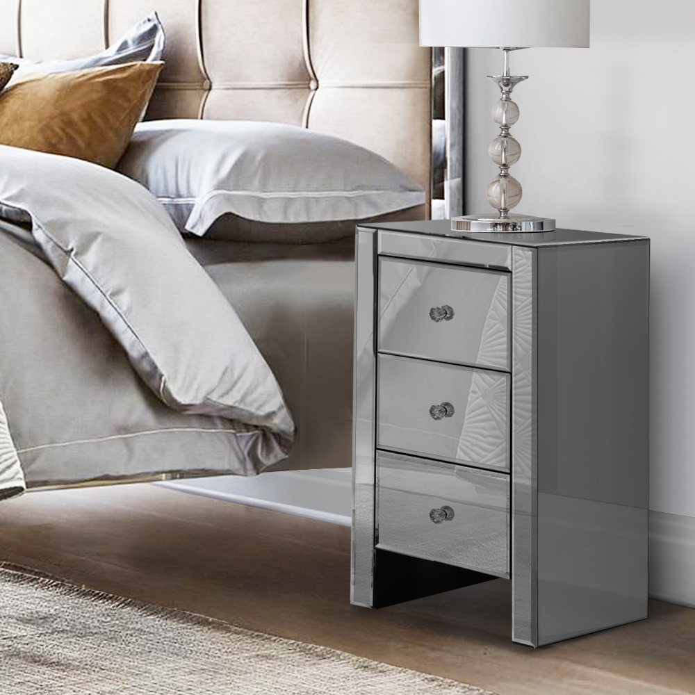 Artiss Bedside Table 3 Drawers Mirrored Glass - QUENN Grey - Image 7