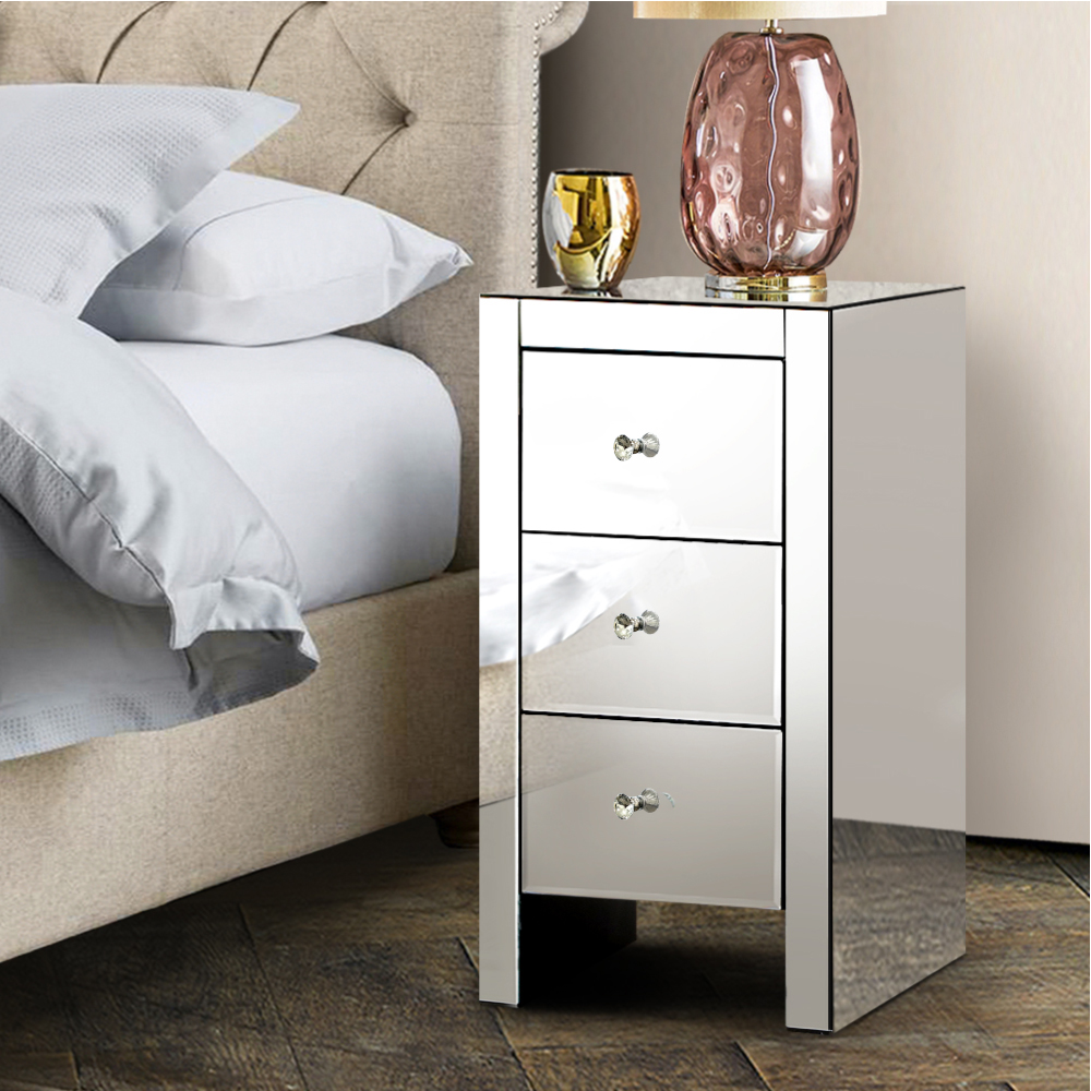 Artiss Bedside Table 3 Drawers Mirrored - QUENN Silver - Image 1
