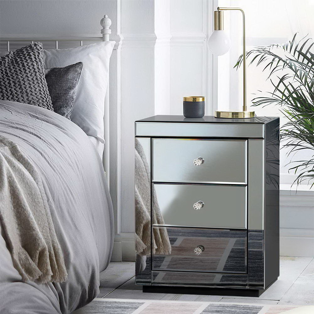 Artiss Bedside Table 3 Drawers Mirrored - PRESIA Grey - Image 1