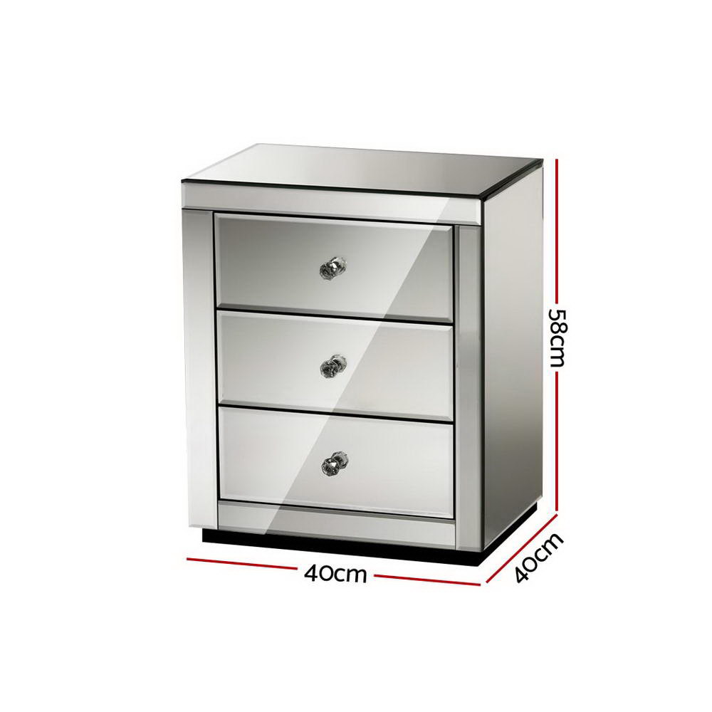 Artiss Bedside Table 3 Drawers Mirrored - PRESIA Grey - Image 2