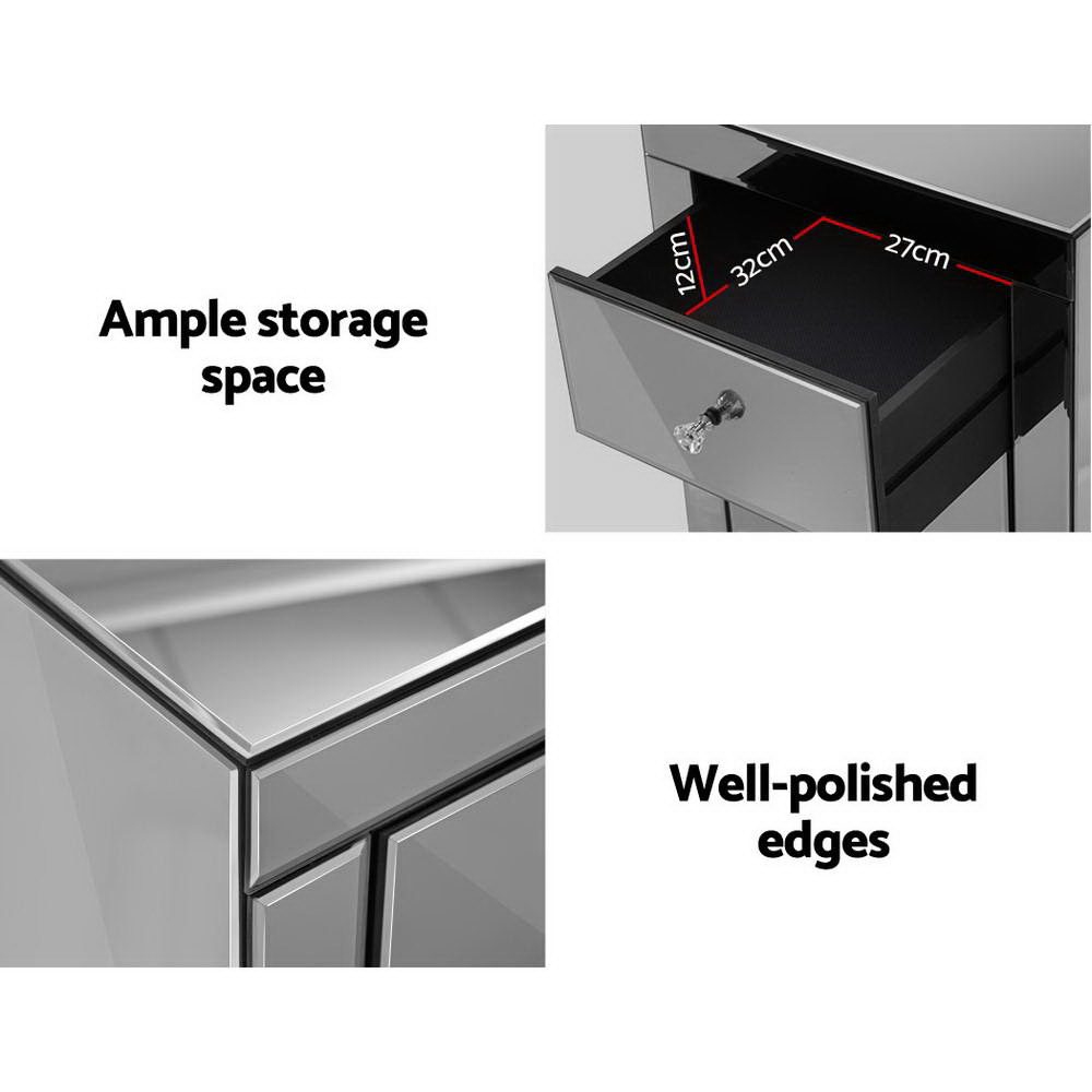 Artiss Bedside Table 3 Drawers Mirrored - PRESIA Grey - Image 3