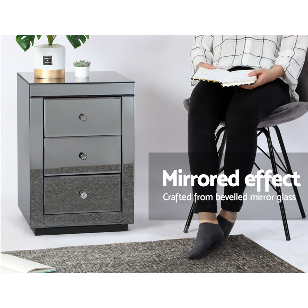 Artiss Bedside Table 3 Drawers Mirrored - PRESIA Grey - Image 4