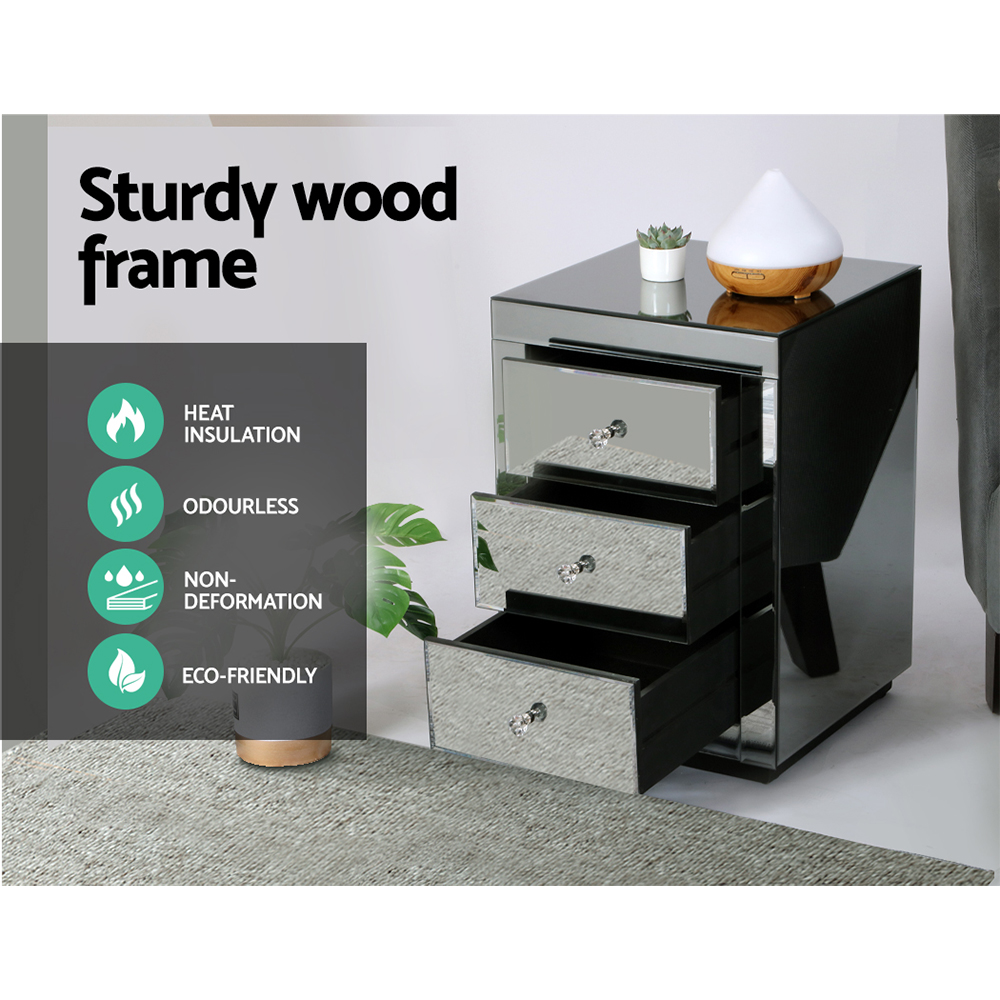 Artiss Bedside Table 3 Drawers Mirrored - PRESIA Grey - Image 5