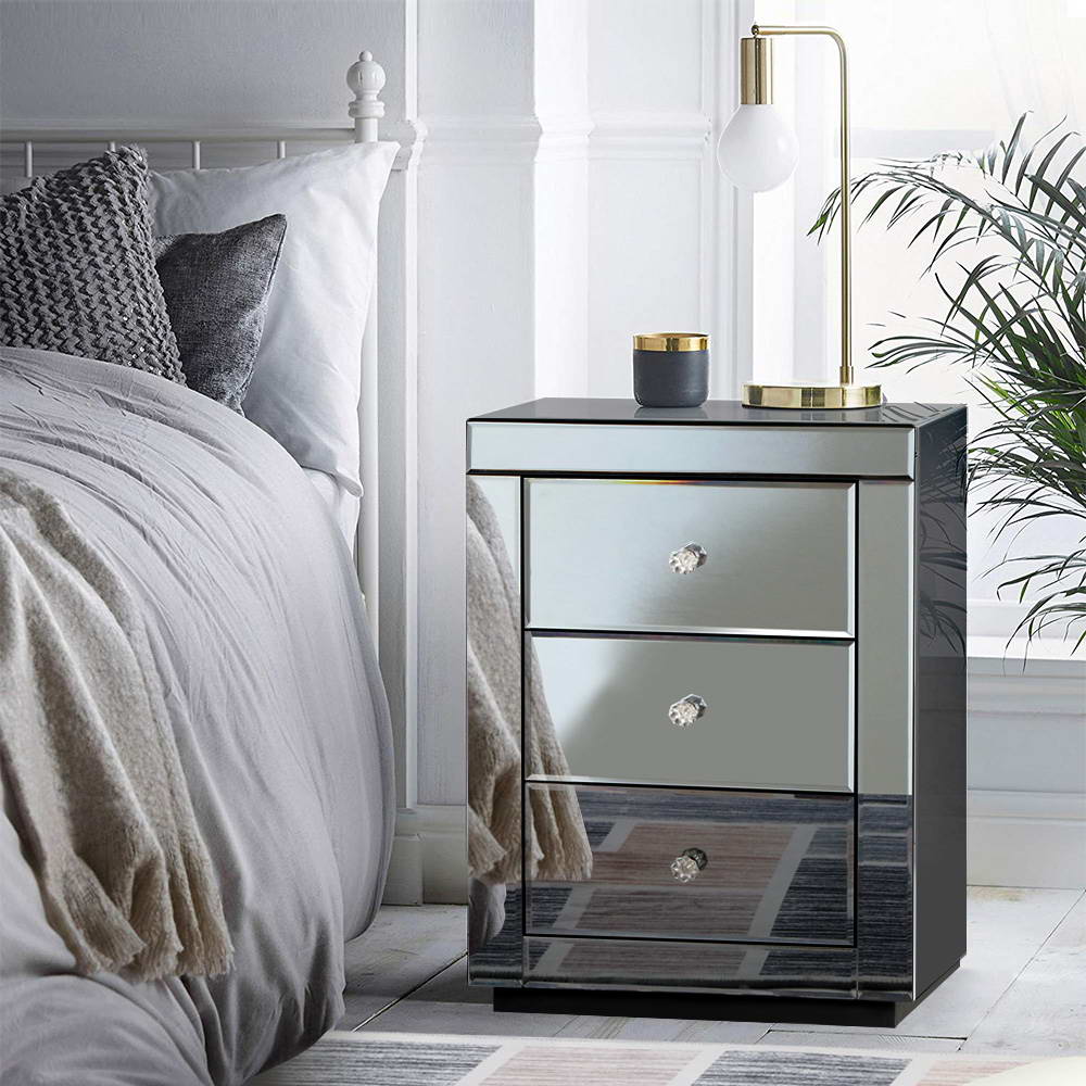 Artiss Bedside Table 3 Drawers Mirrored - PRESIA Grey - Image 7