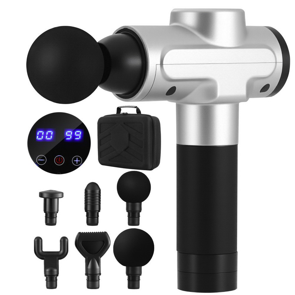 Everfit Massage Gun 30 Speed 6 Heads Vibration Muscle Massager Chargeable Silver - Image 1