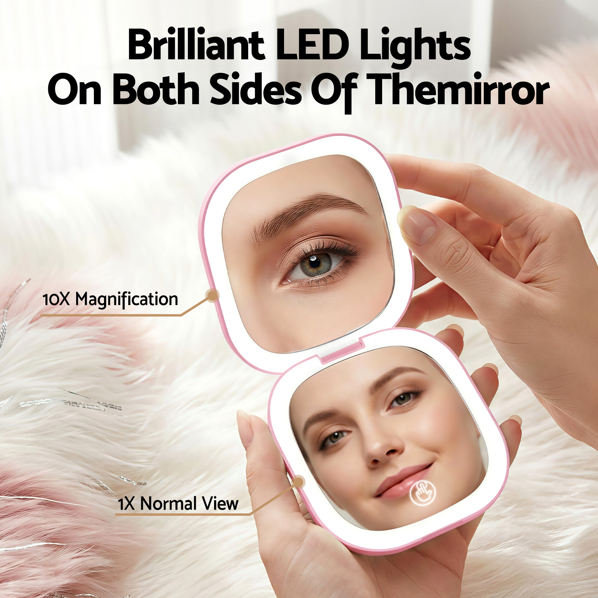 Embellir LED Compact Mirror Lighted Travel Makeup Mirror Pocket-Sized 1x 10x Magnification Square Pink - Image 4
