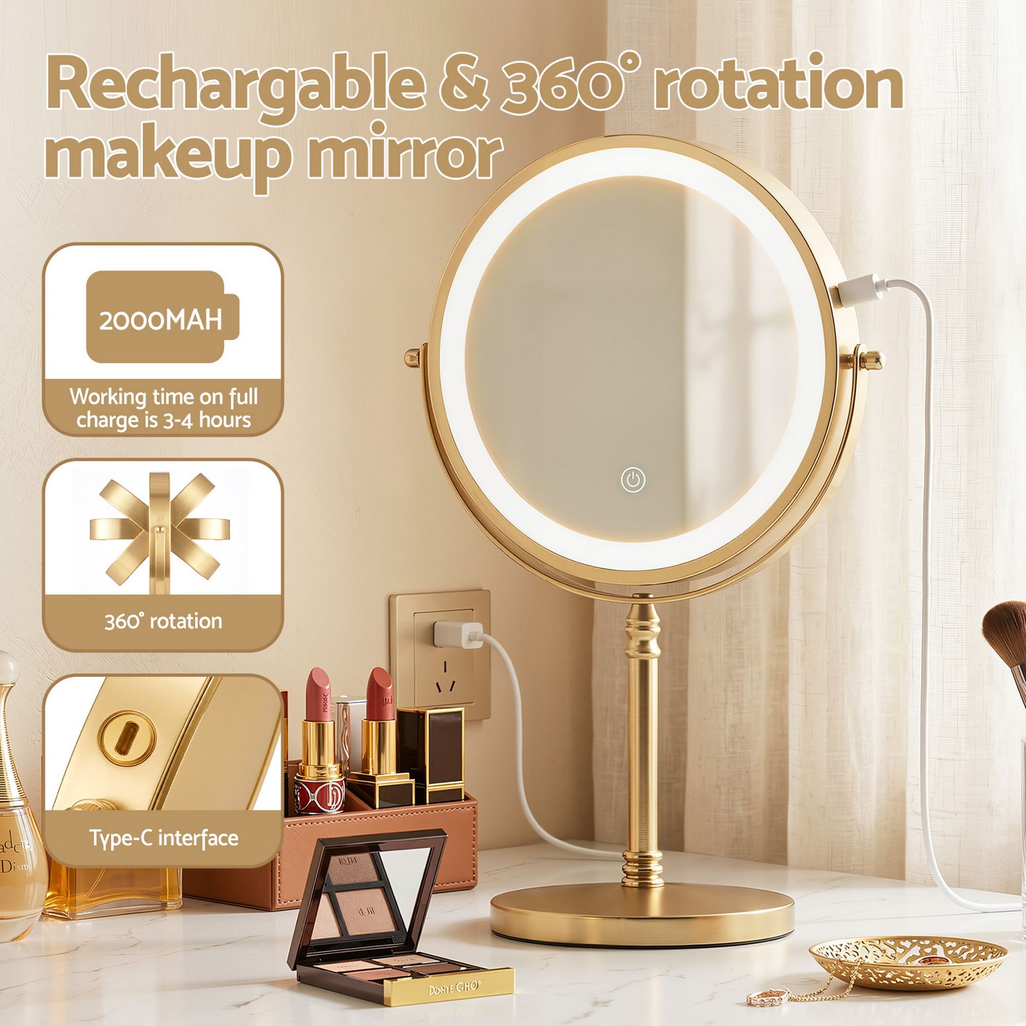 Embellir Lighted Makeup Mirror Rotation 10X Magnifying Double Sided Tabletop Gold - Image 4