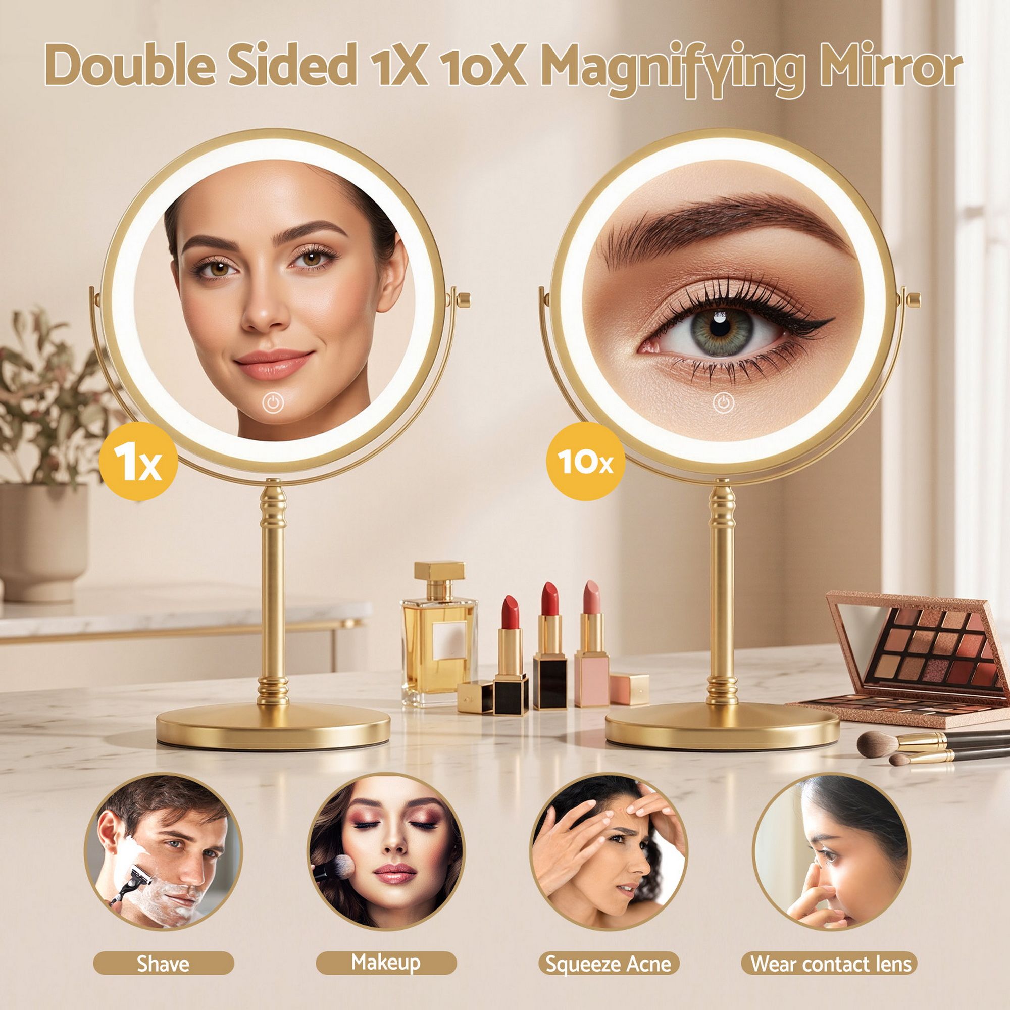 Embellir Lighted Makeup Mirror Rotation 10X Magnifying Double Sided Tabletop Gold - Image 7