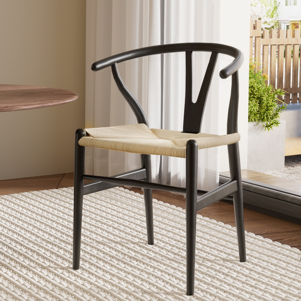 1x Artiss Dining Chair Wooden Rattan Wishbone Black - Image 1