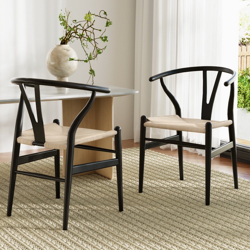 1 Set of 2 Artiss Dining Chairs Wooden Rattan Wishbone Black - Image 1