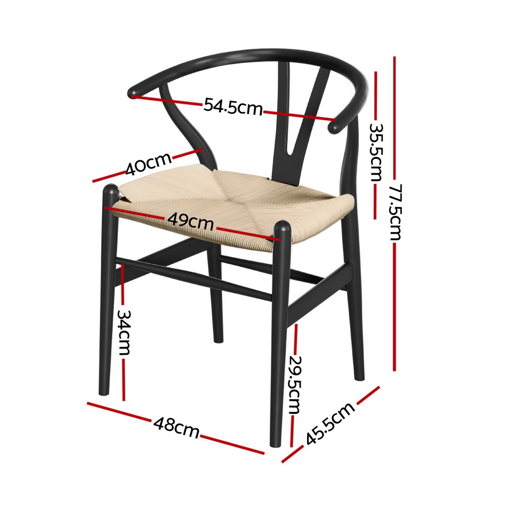 1 Set of 2 Artiss Dining Chairs Wooden Rattan Wishbone Black - Image 2
