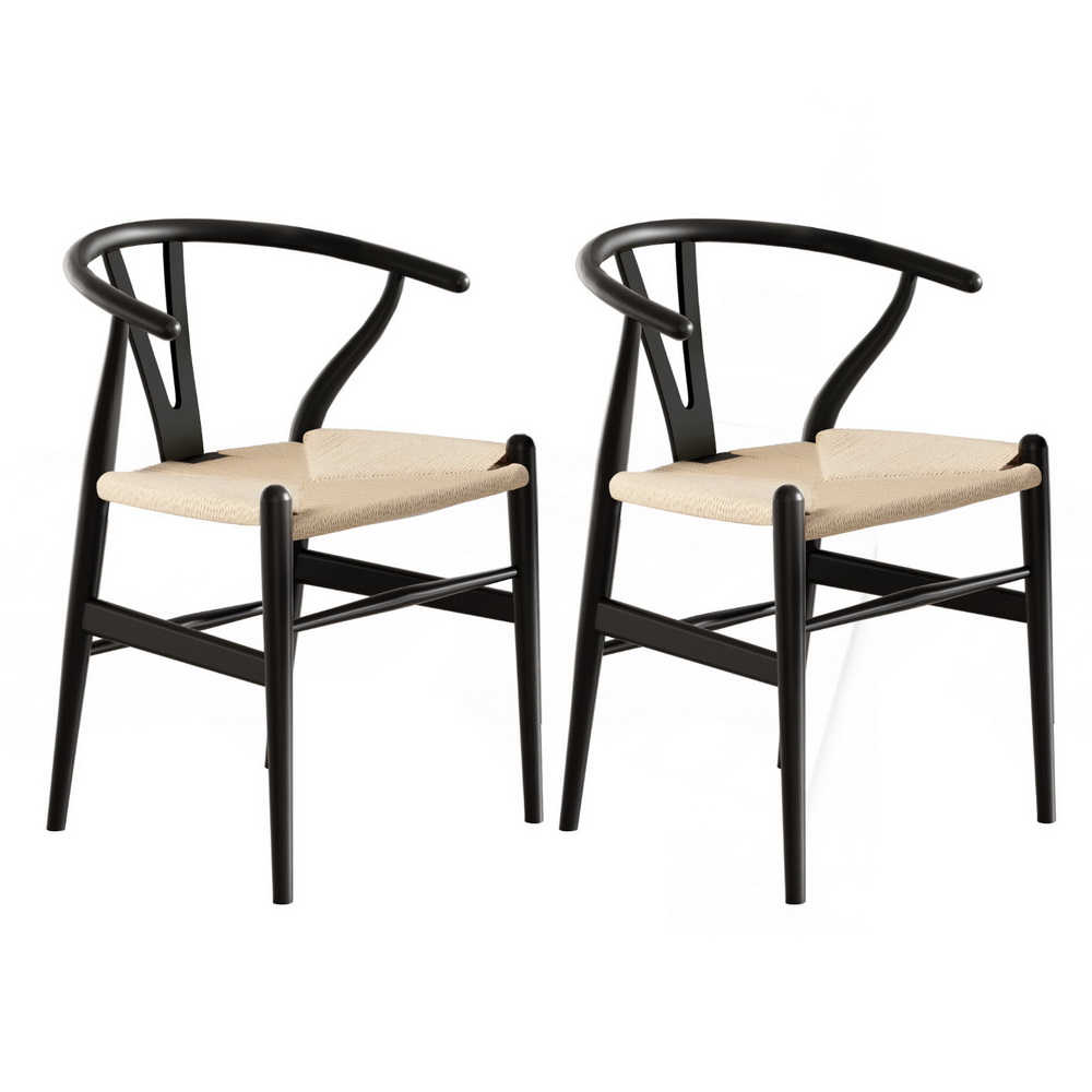 1 Set of 2 Artiss Dining Chairs Wooden Rattan Wishbone Black - Image 3