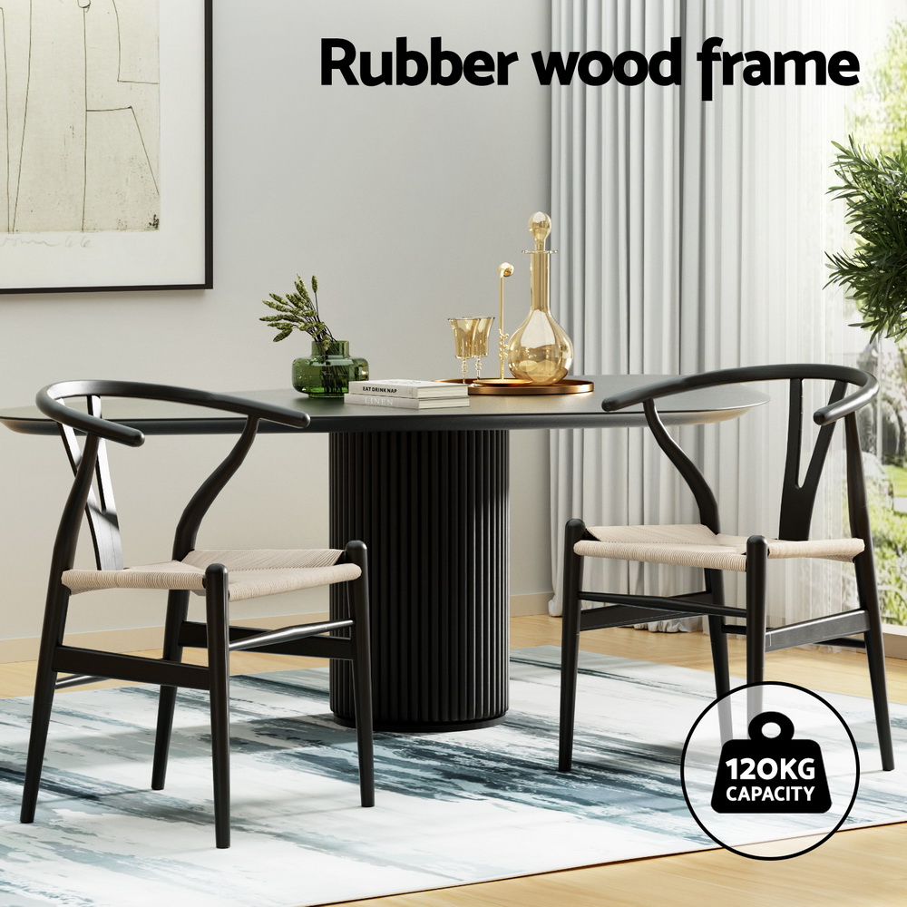 1 Set of 2 Artiss Dining Chairs Wooden Rattan Wishbone Black - Image 4