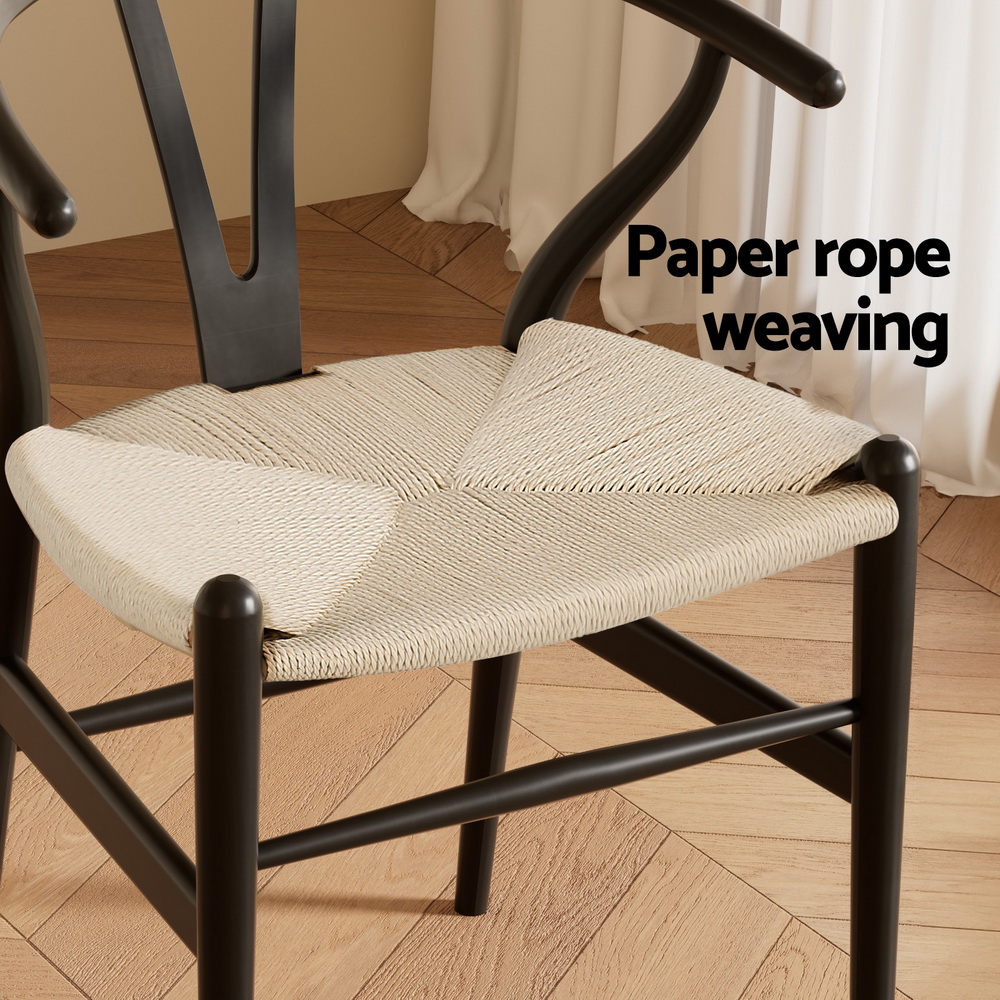 1 Set of 2 Artiss Dining Chairs Wooden Rattan Wishbone Black - Image 6