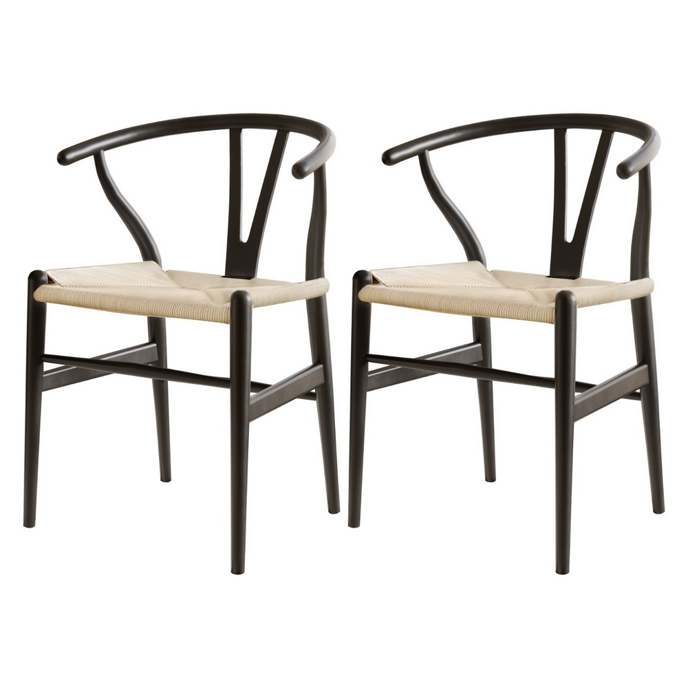 1 Set of 2 Artiss Dining Chairs Wooden Rattan Wishbone Black - Image 7