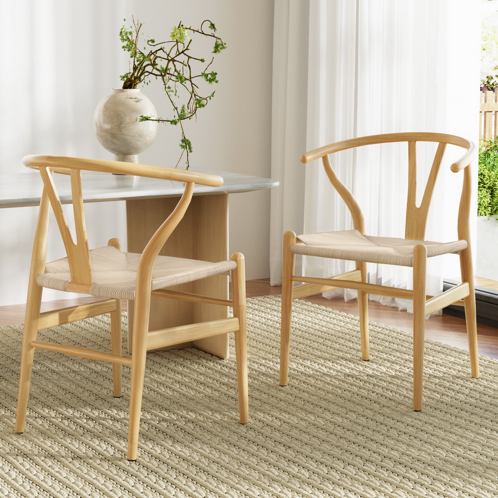 1 Set of 2 Artiss Dining Chairs Wooden Rattan Seat Wishbone Back - Image 1
