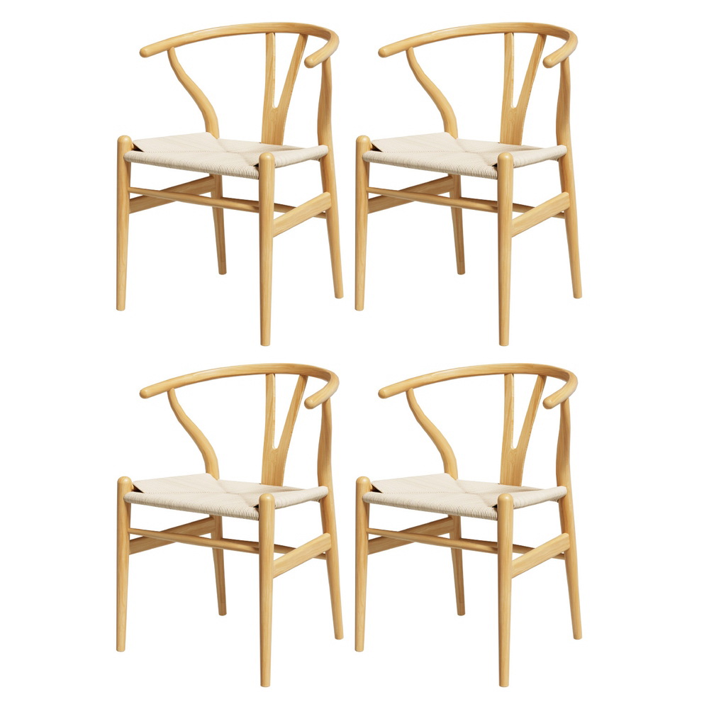 1 Set of 4 Artiss Dining Chairs Wooden Rattan Seat Wishbone Back - Image 1