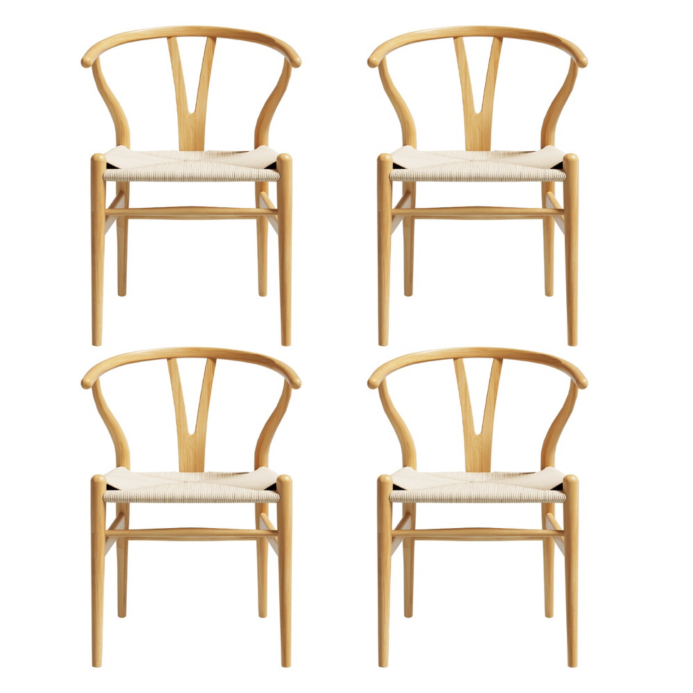 1 Set of 4 Artiss Dining Chairs Wooden Rattan Seat Wishbone Back - Image 3