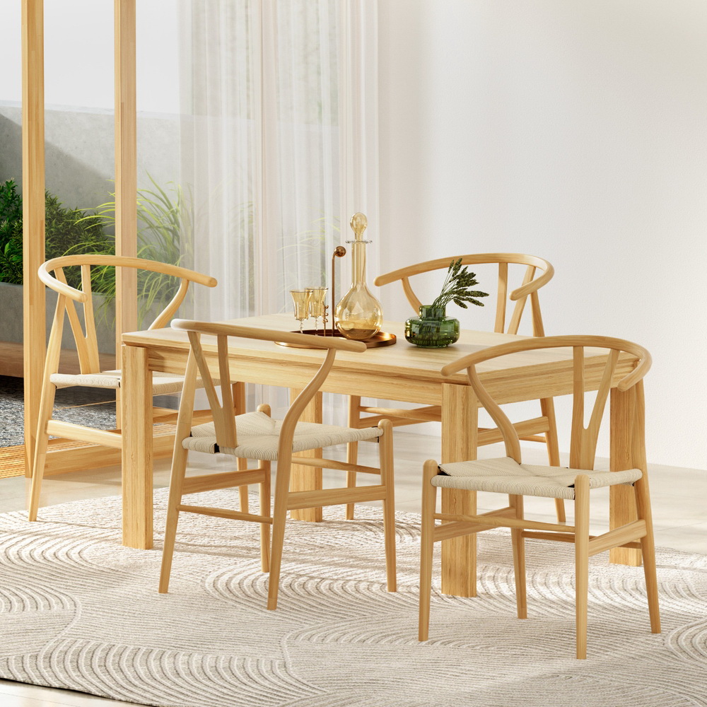 1 Set of 4 Artiss Dining Chairs Wooden Rattan Seat Wishbone Back - Image 7