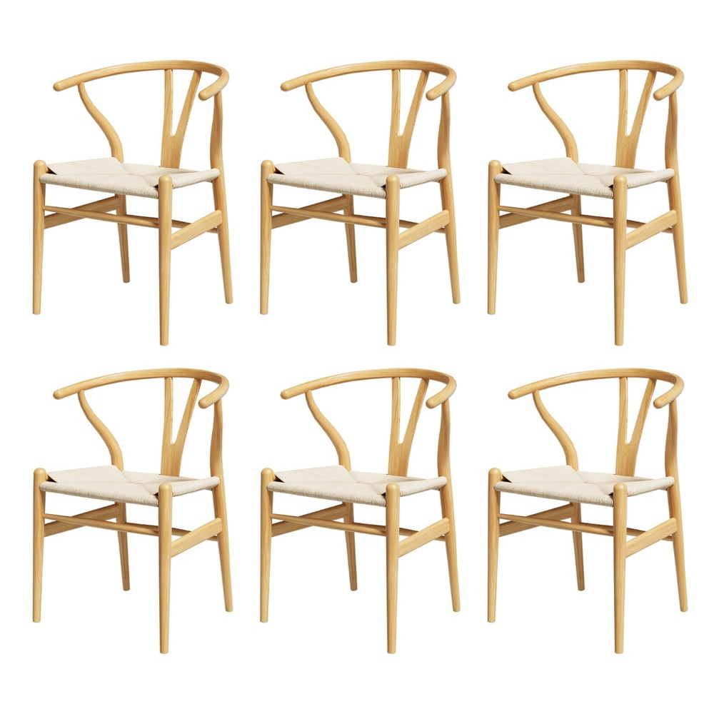 1 Set of 6 Artiss Dining Chairs Wooden Rattan Seat Wishbone Back - Image 1