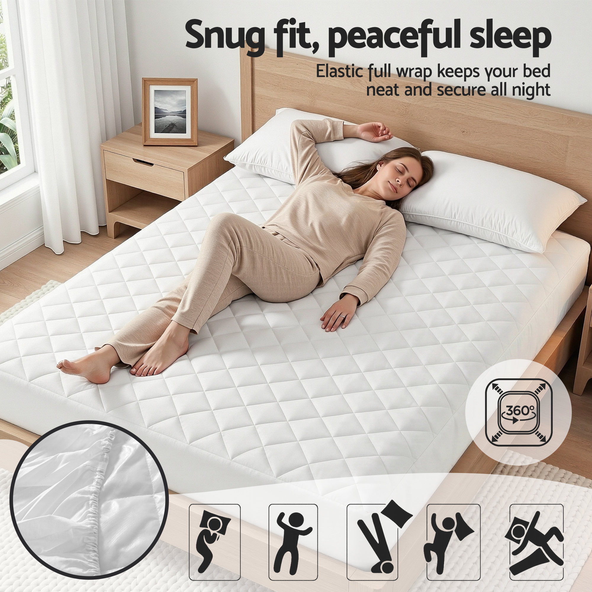 Giselle Waterproof Mattress Protector 100% Cotton Quilted Fitted Cover Queen - Image 7