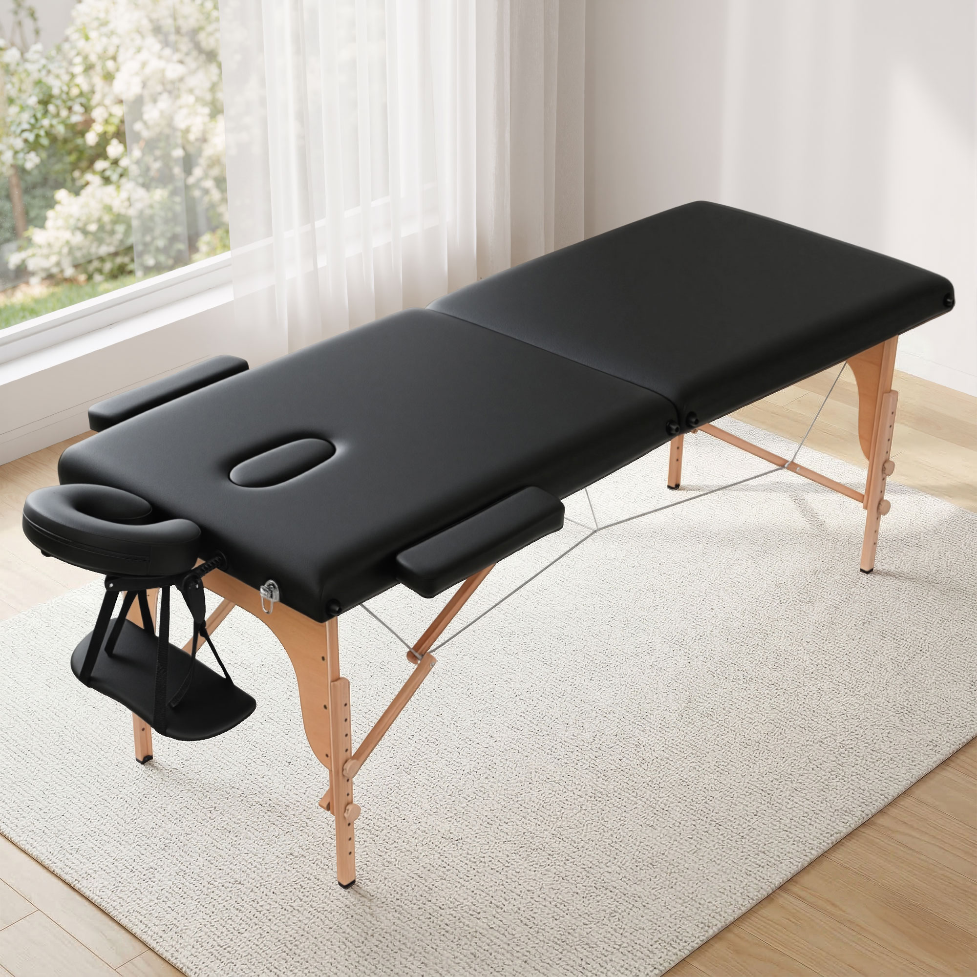 Zenses Massage Table 70cm Portable 2 Fold Wooden Beauty Waxing Therapy Bed Black - Image 1