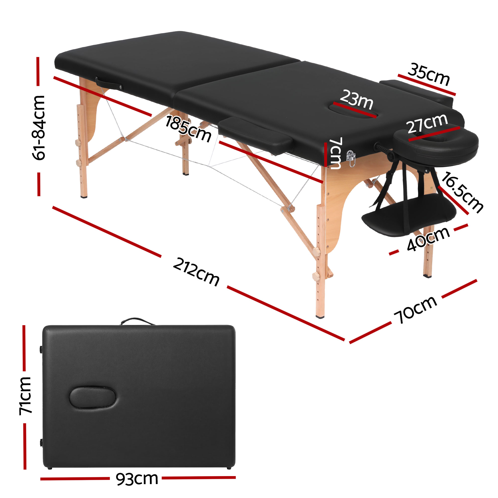 Zenses Massage Table 70cm Portable 2 Fold Wooden Beauty Waxing Therapy Bed Black - Image 3