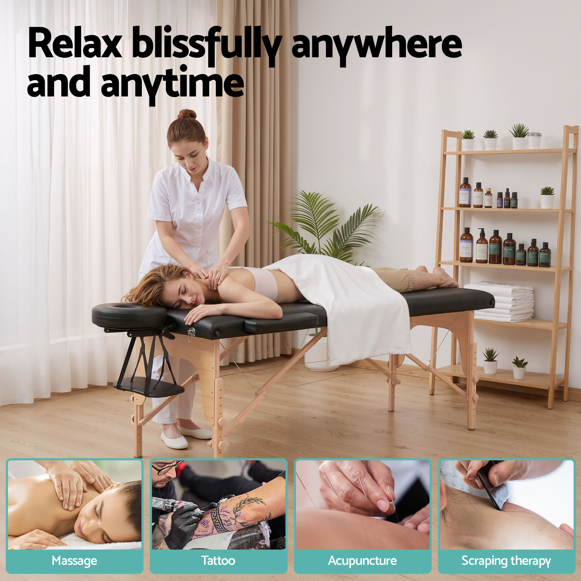 Zenses Massage Table 70cm Portable 2 Fold Wooden Beauty Waxing Therapy Bed Black - Image 5