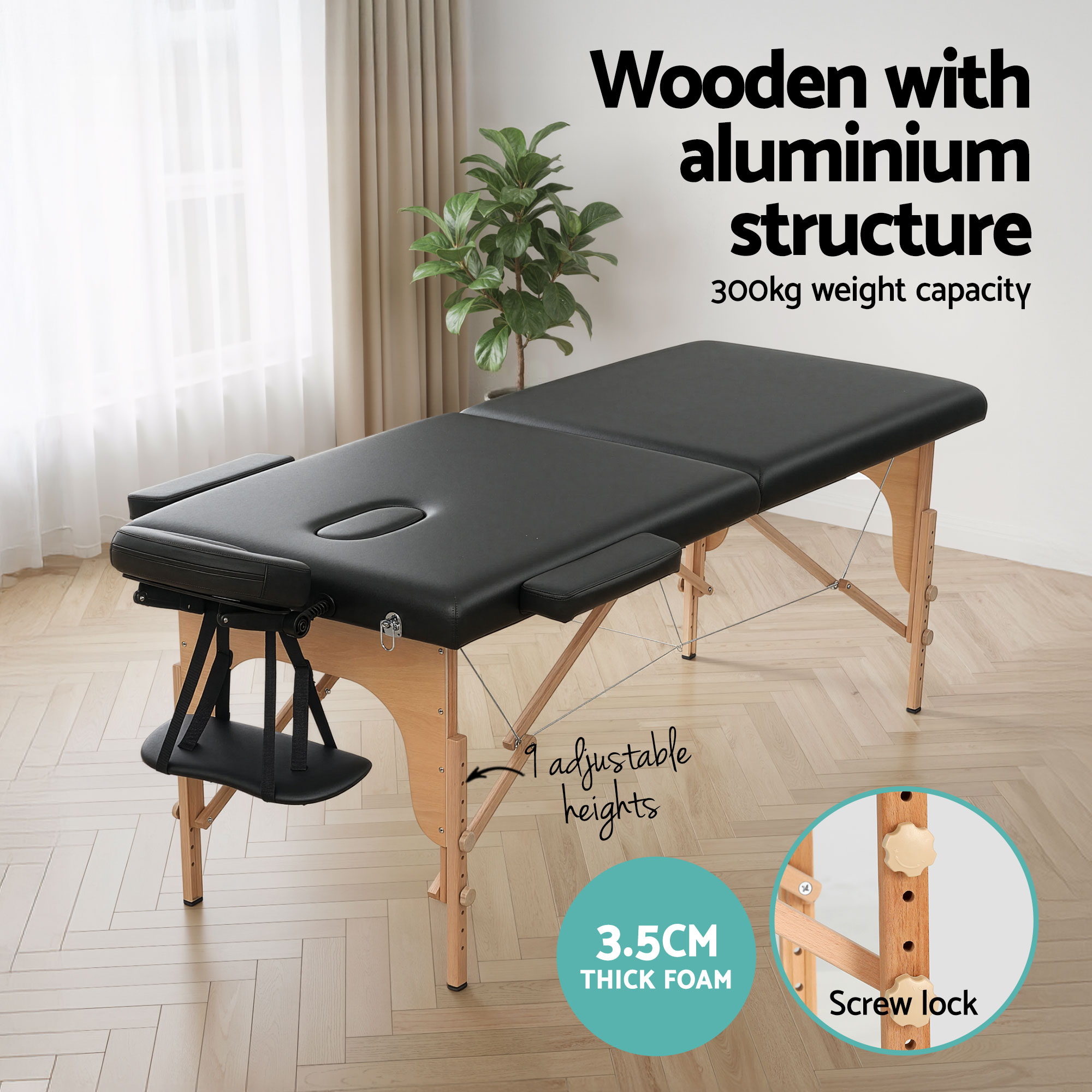 Zenses Massage Table 70cm Portable 2 Fold Wooden Beauty Waxing Therapy Bed Black - Image 6