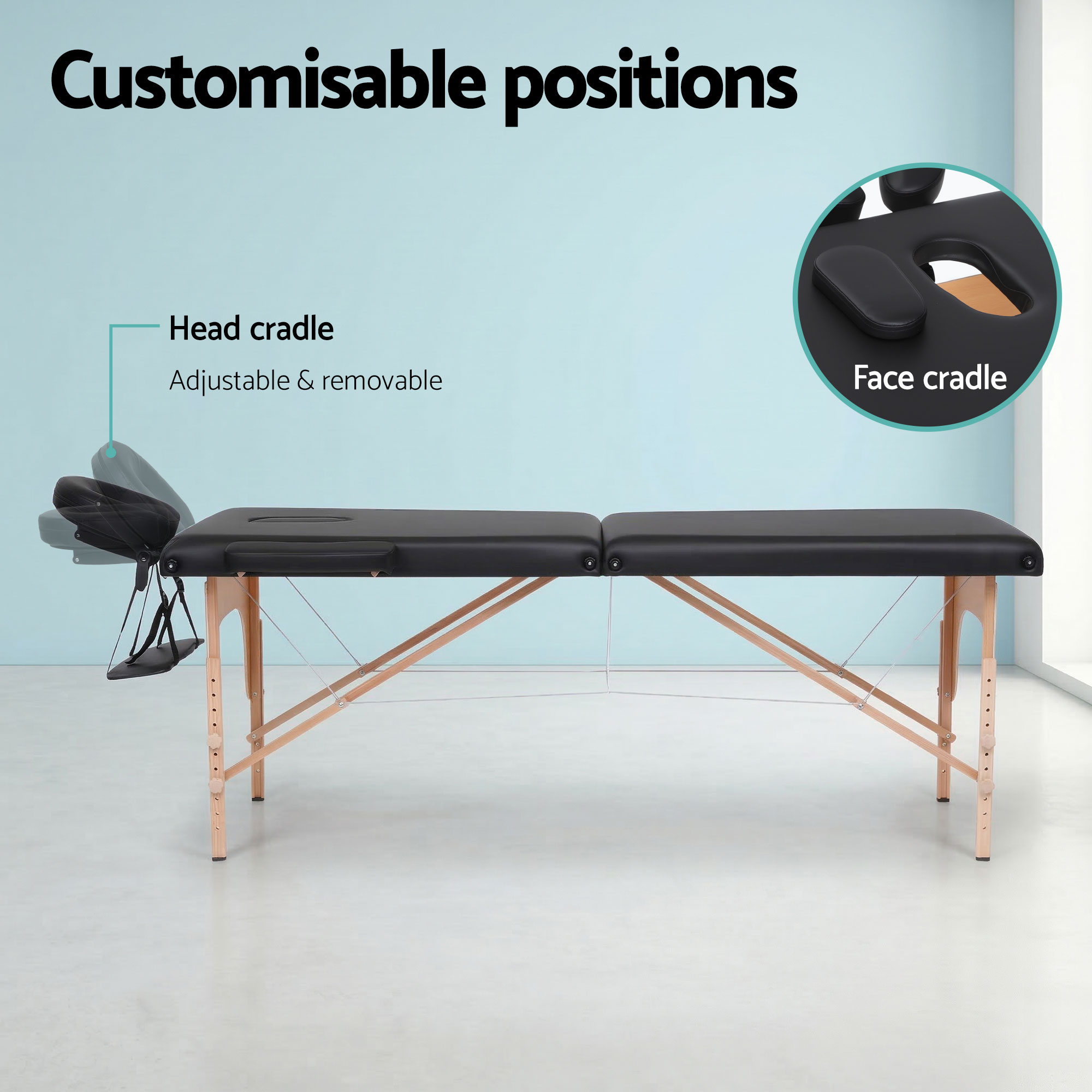 Zenses Massage Table 70cm Portable 2 Fold Wooden Beauty Waxing Therapy Bed Black - Image 7
