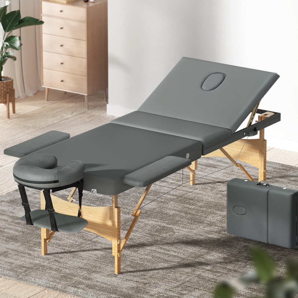 Zenses Massage Table 75cm Portable 3 Fold Wooden Beauty Bed Grey - Image 1