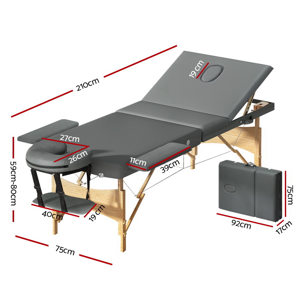 Zenses Massage Table 75cm Portable 3 Fold Wooden Beauty Bed Grey - Image 2